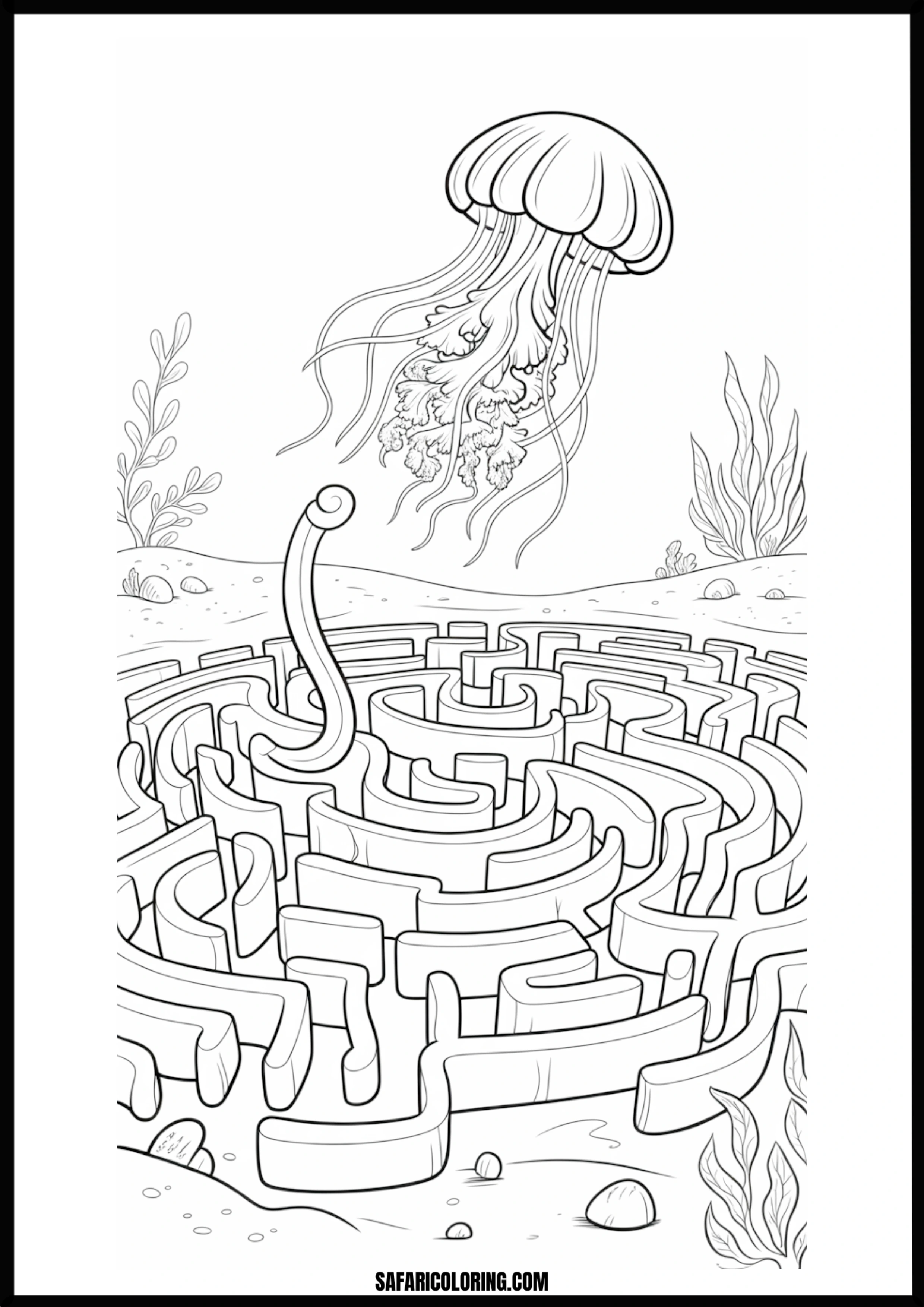 Jellyfish Underwater Maze Coloring Page An underwater maze featuring jellyfish and sea creatures.