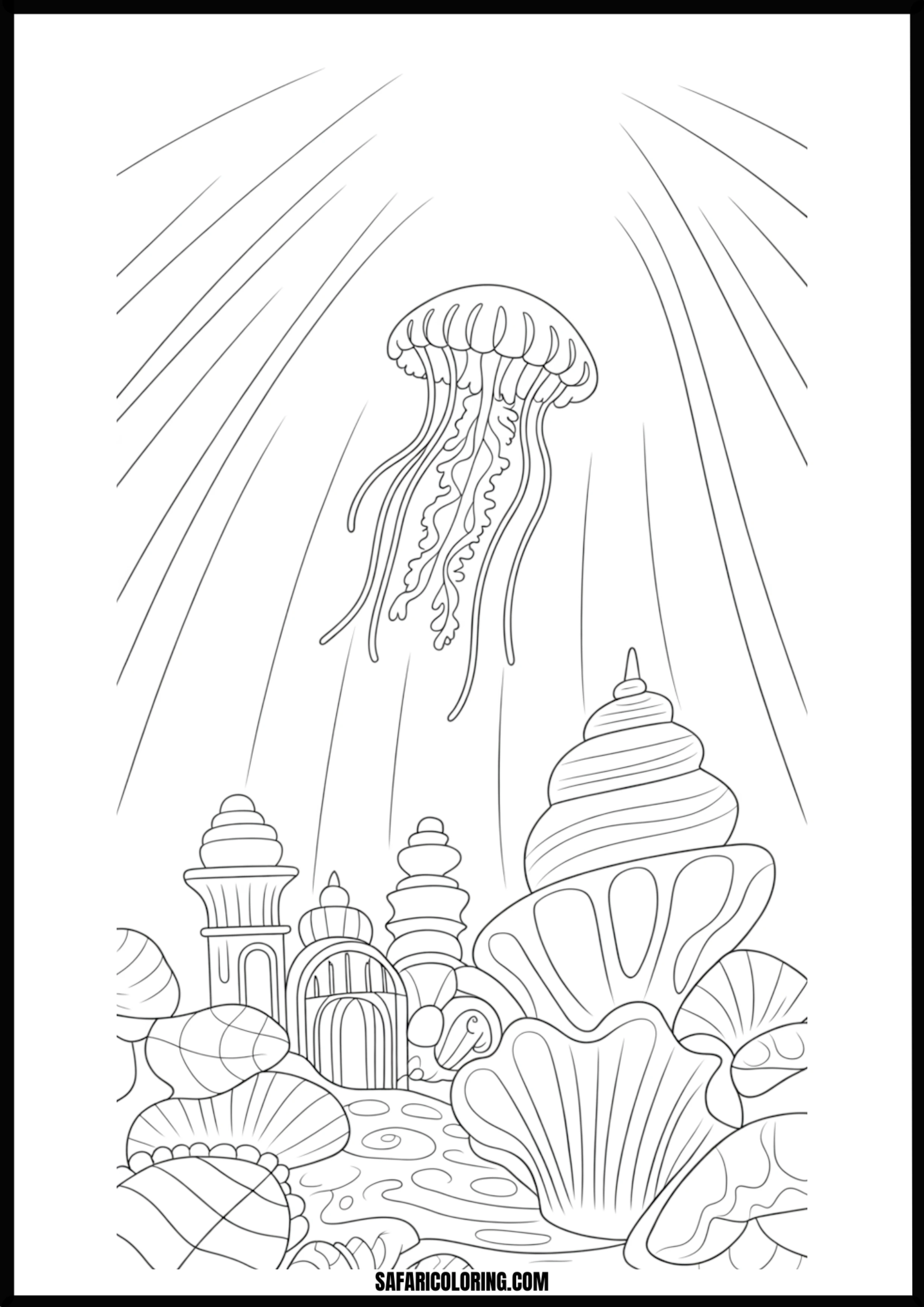 Jellyfish Above a Shell Castle Coloring Page Jellyfish floating above a whimsical underwater castle made of shells.