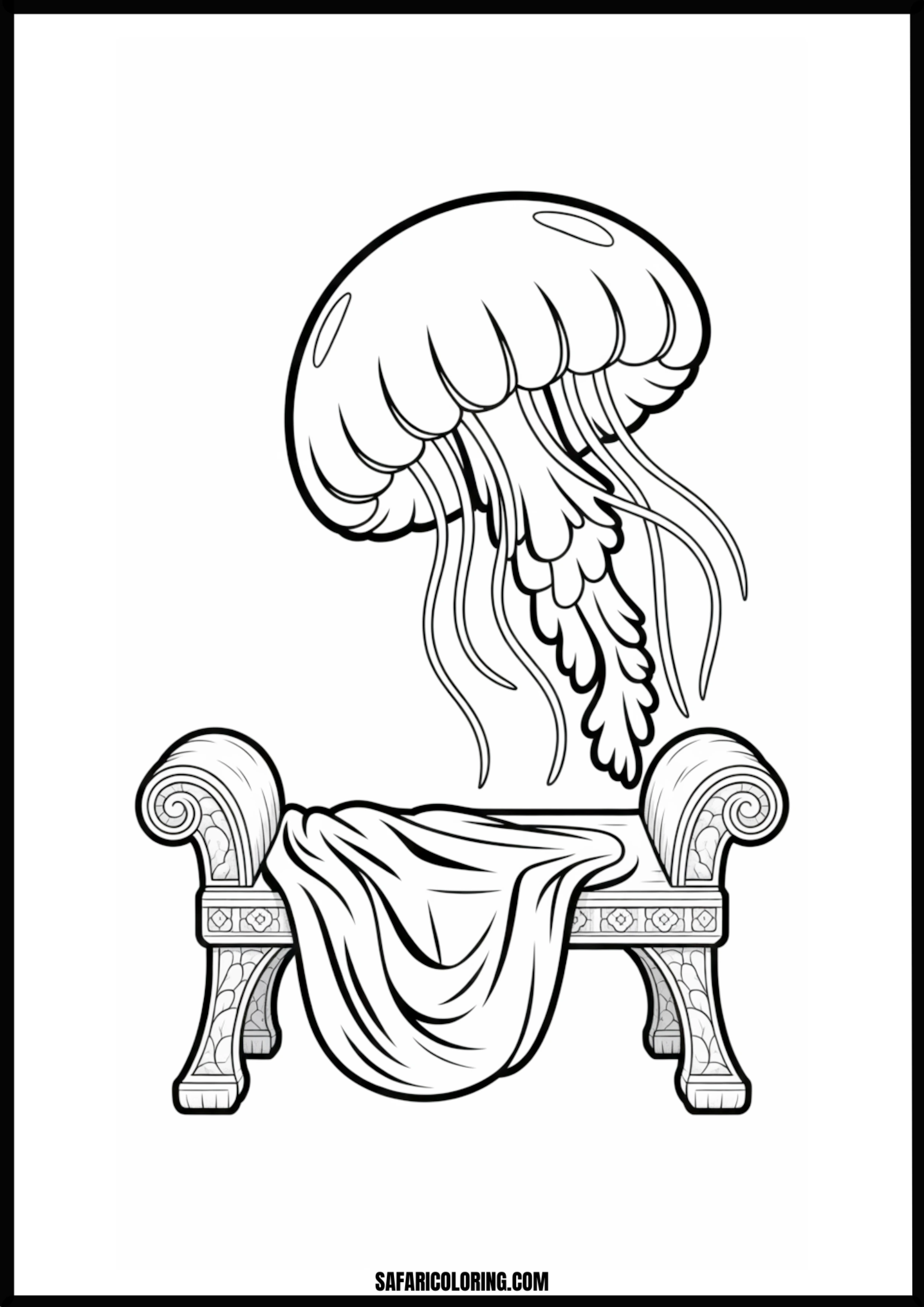 Jellyfish Above Elegant Bench Line Art Coloring Page Stylized jellyfish floating above an elegant, ornate bench line art.