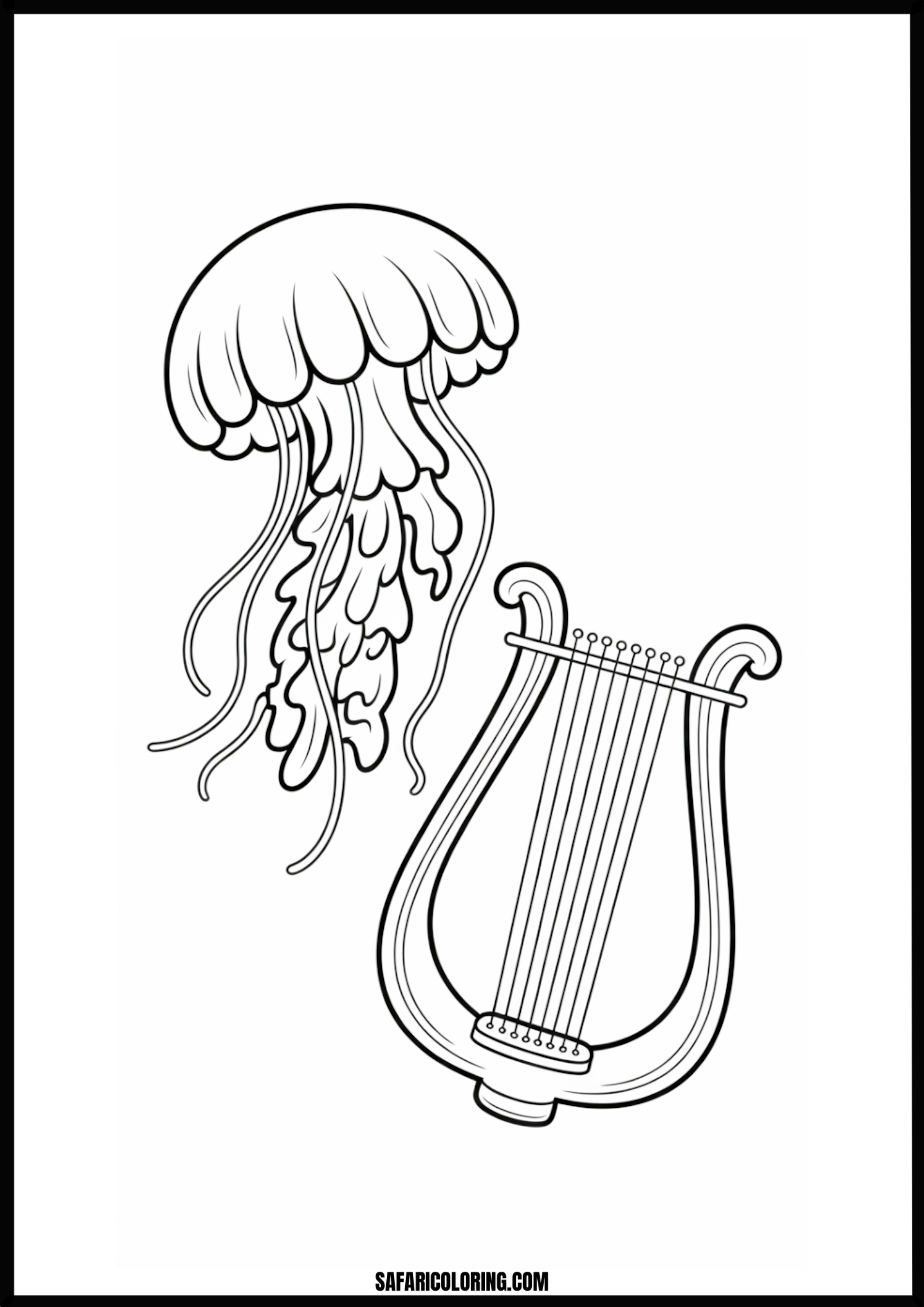 Jellyfish and Lyre Line Art Coloring Page Whimsical line art of a jellyfish beside a classical lyre instrument.