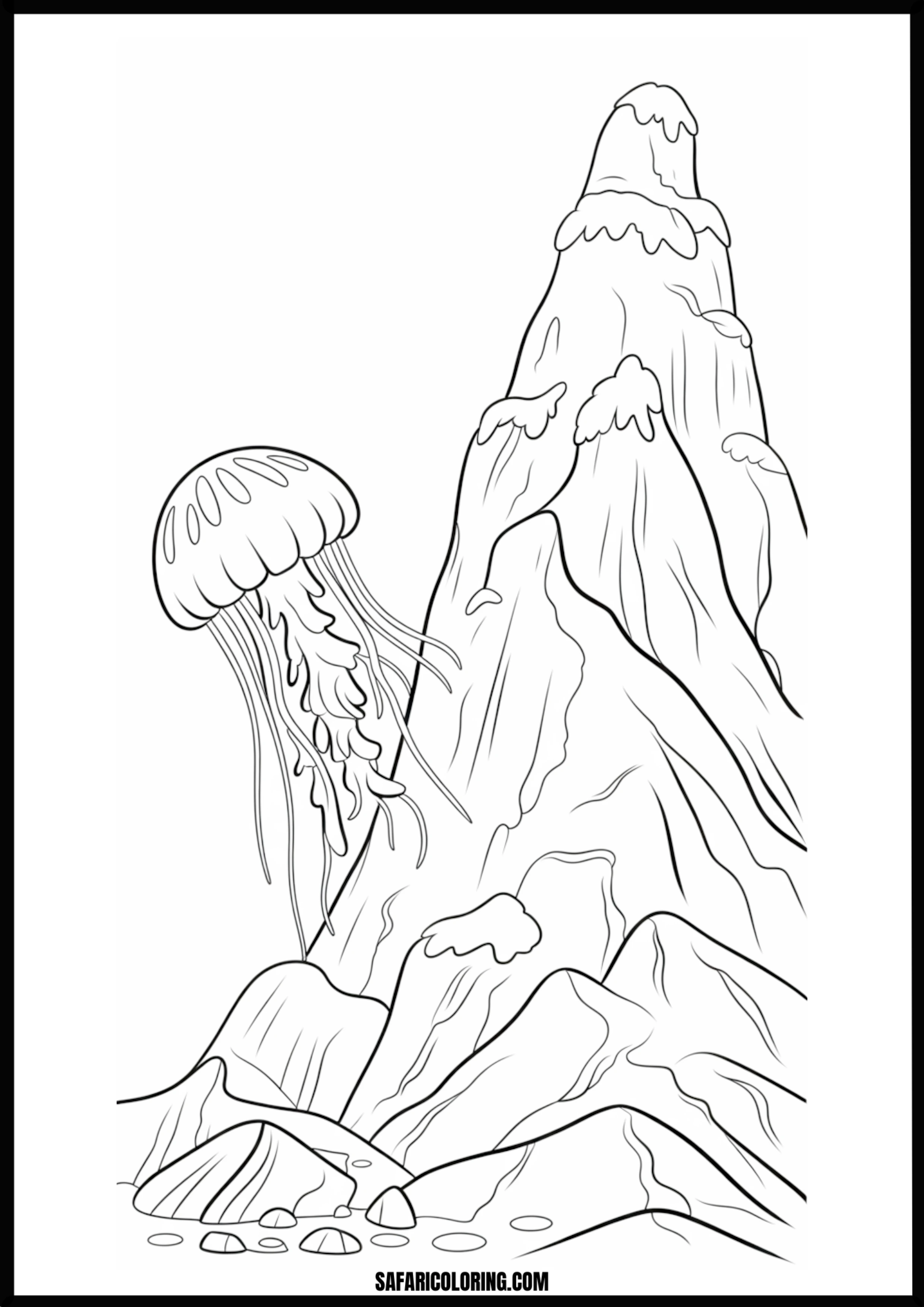 Jellyfish and Mountains Coloring Page Fantasy scene of jellyfish floating above majestic mountains.