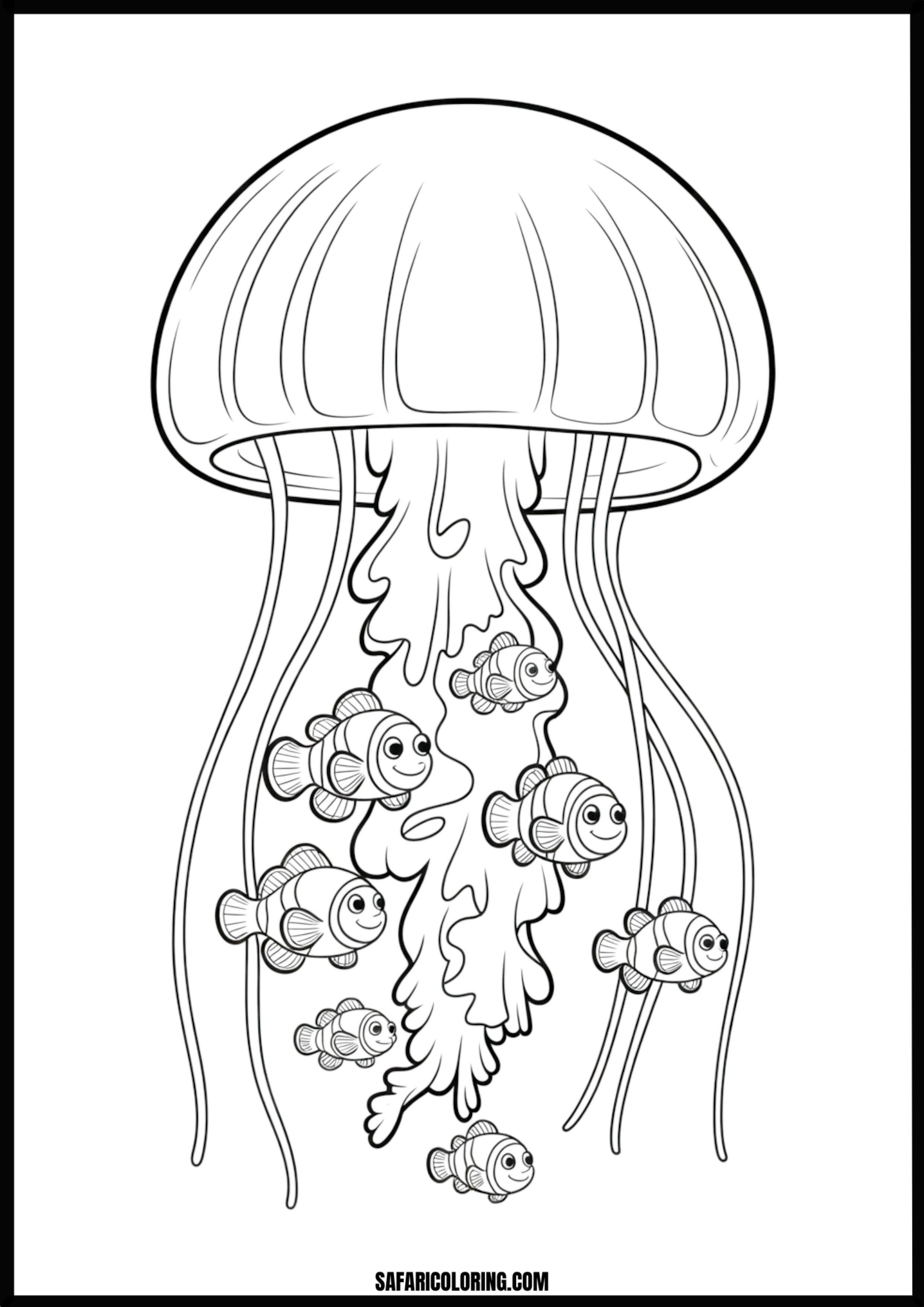 Jellyfish and Clownfish Cartoon Outlines Coloring Page Simple cartoon outlines of jellyfish and clownfish swimming together.