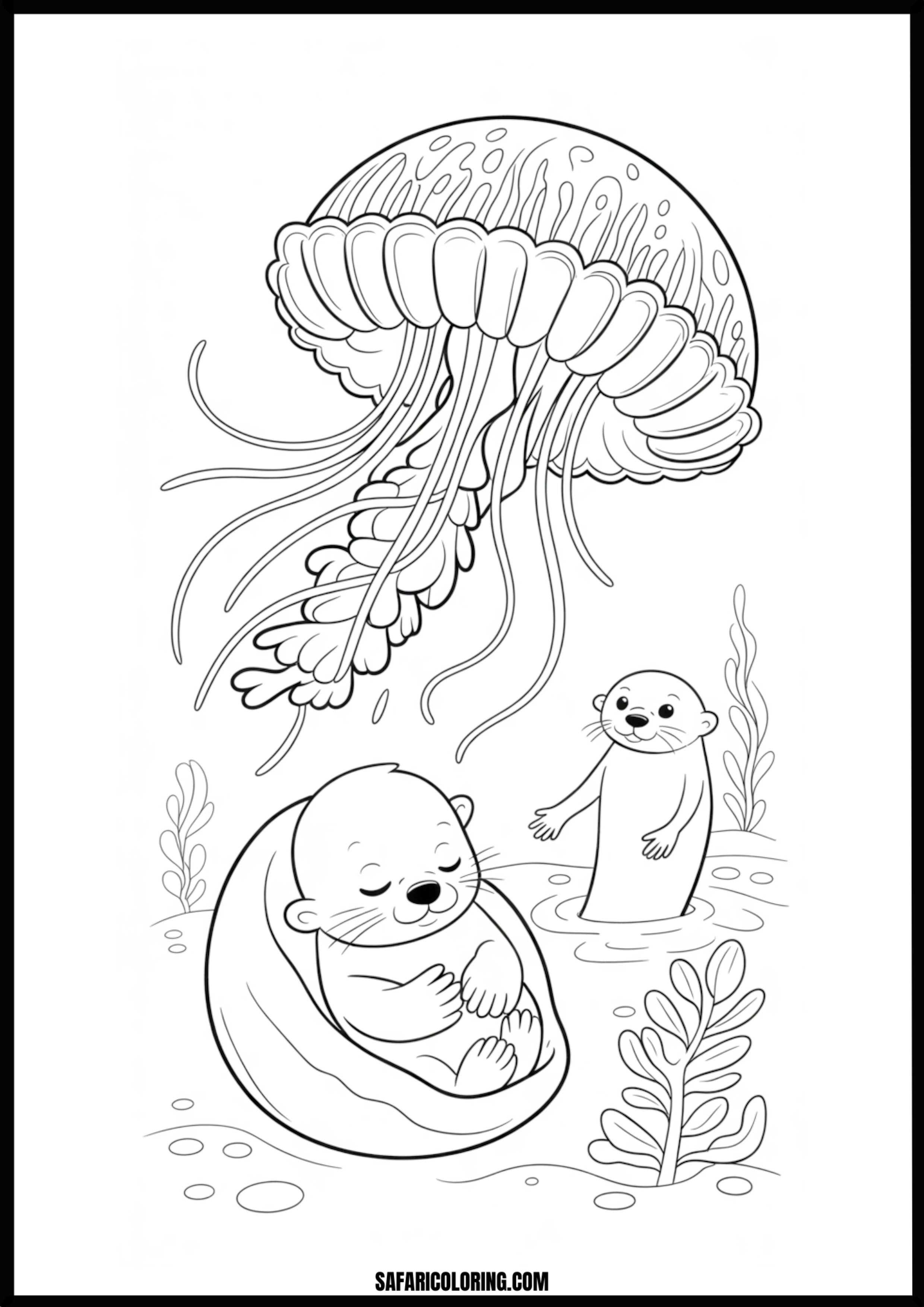 Jellyfish and Cute Otters Underwater Coloring Page Cute otters swimming playfully with jellyfish underwater.