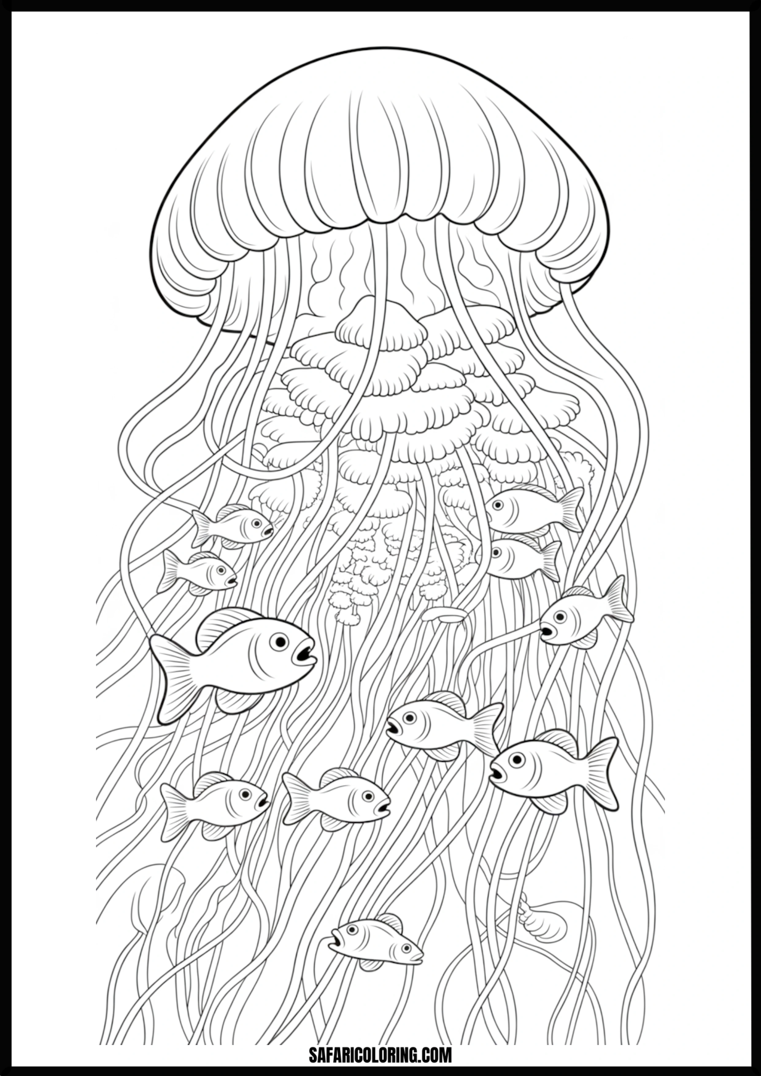 Jellyfish and Fish Among Tentacles Coloring Page Fish swimming carefully among the long, flowing tentacles of jellyfish.