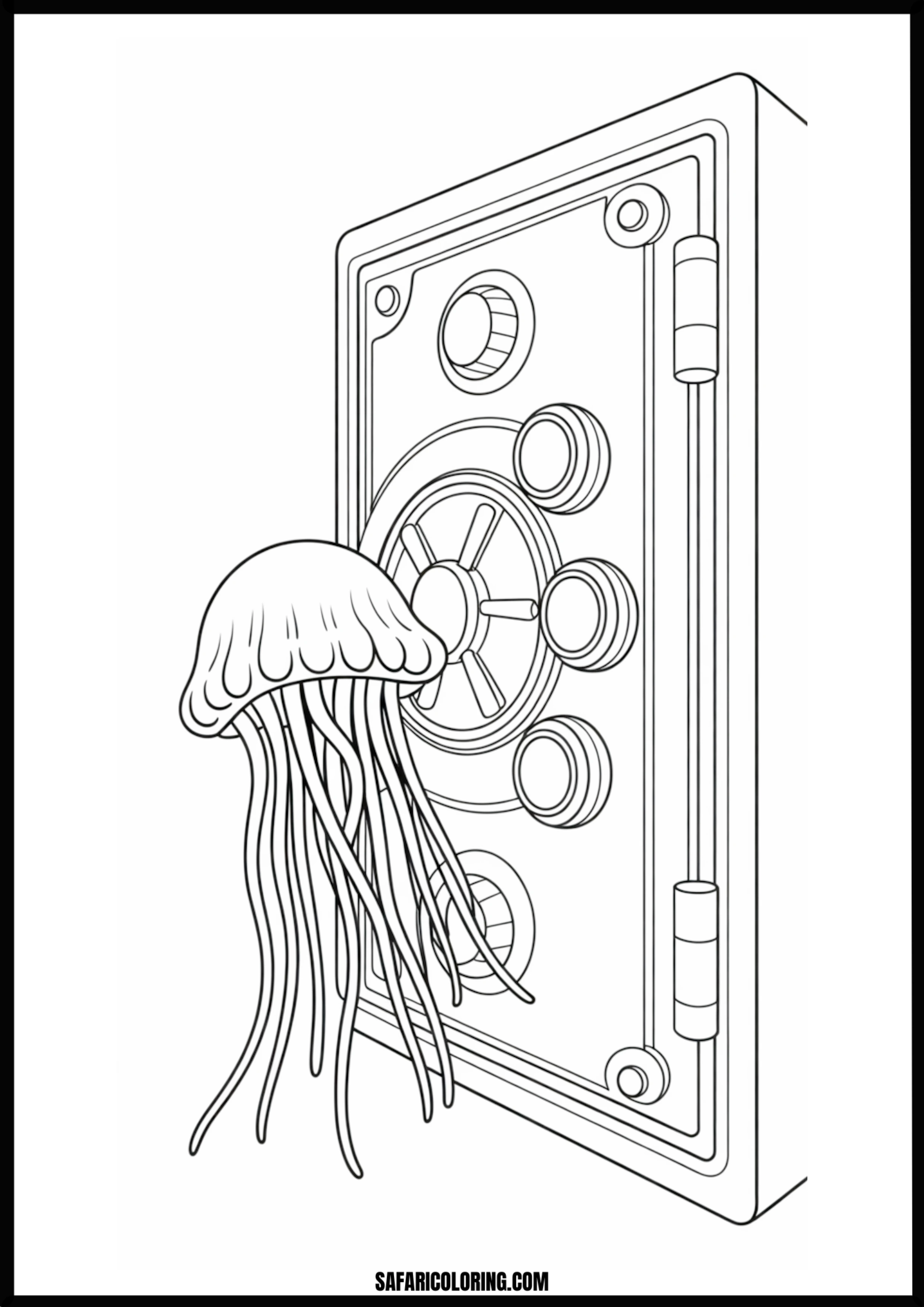 Jellyfish and Safe Coloring Page A whimsical jellyfish guarding an antique safe on the ocean floor.