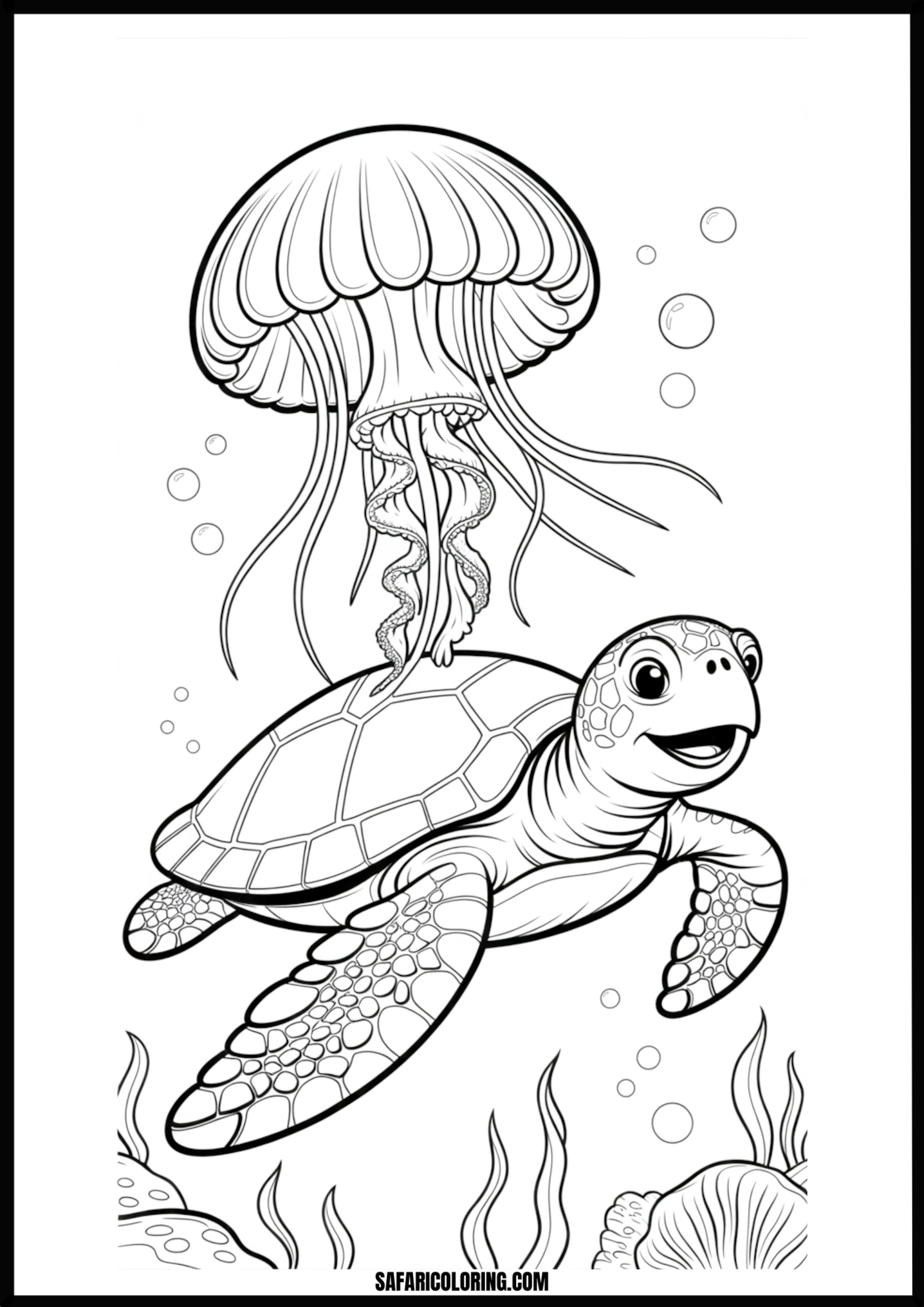 Jellyfish and Turtle Ocean Friends Coloring Page A friendly jellyfish and turtle depicted as ocean friends.