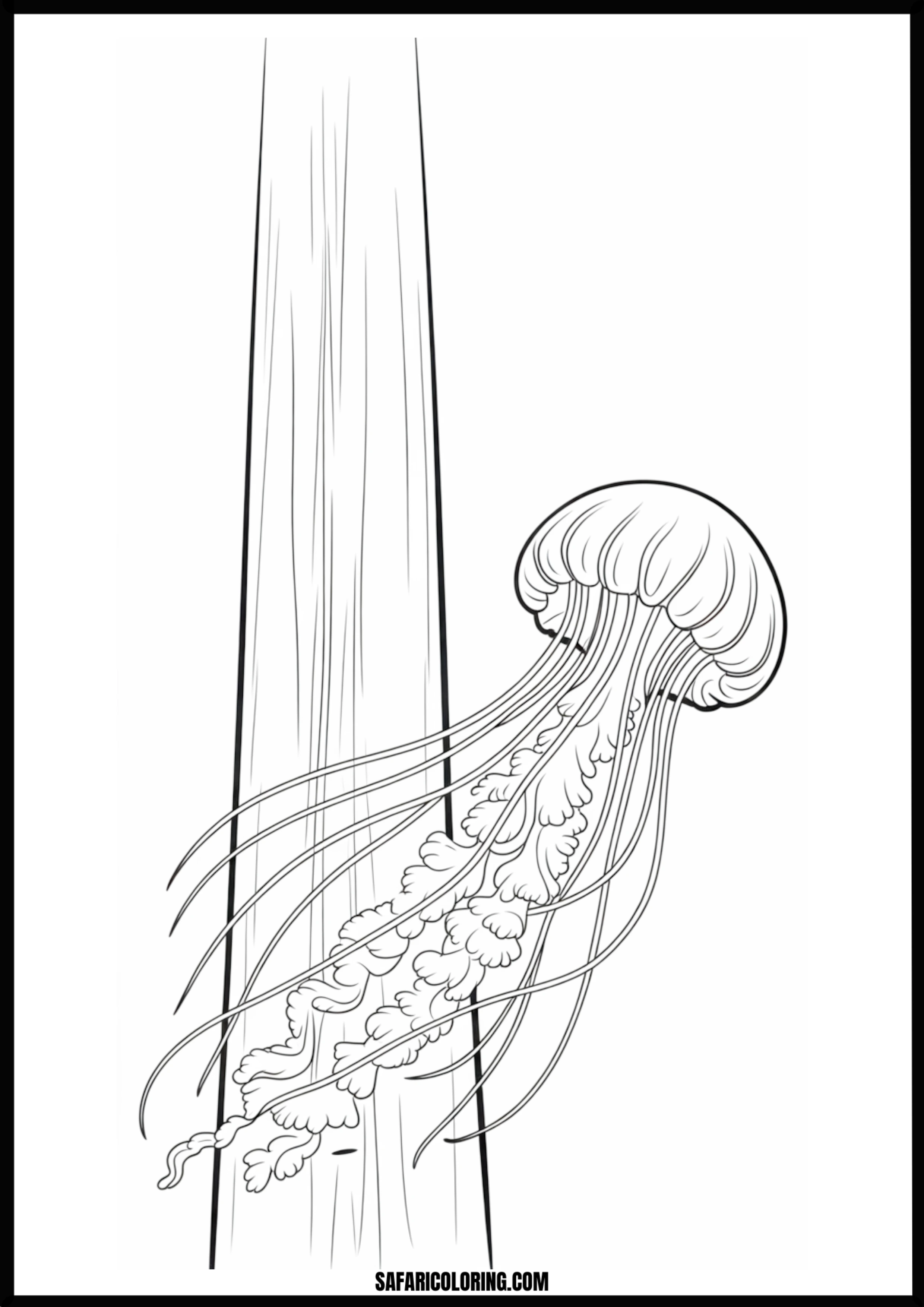 Jellyfish with Long Flowing Tentacles Coloring Page Artistic drawing of a jellyfish with exceptionally long, flowing tentacles.