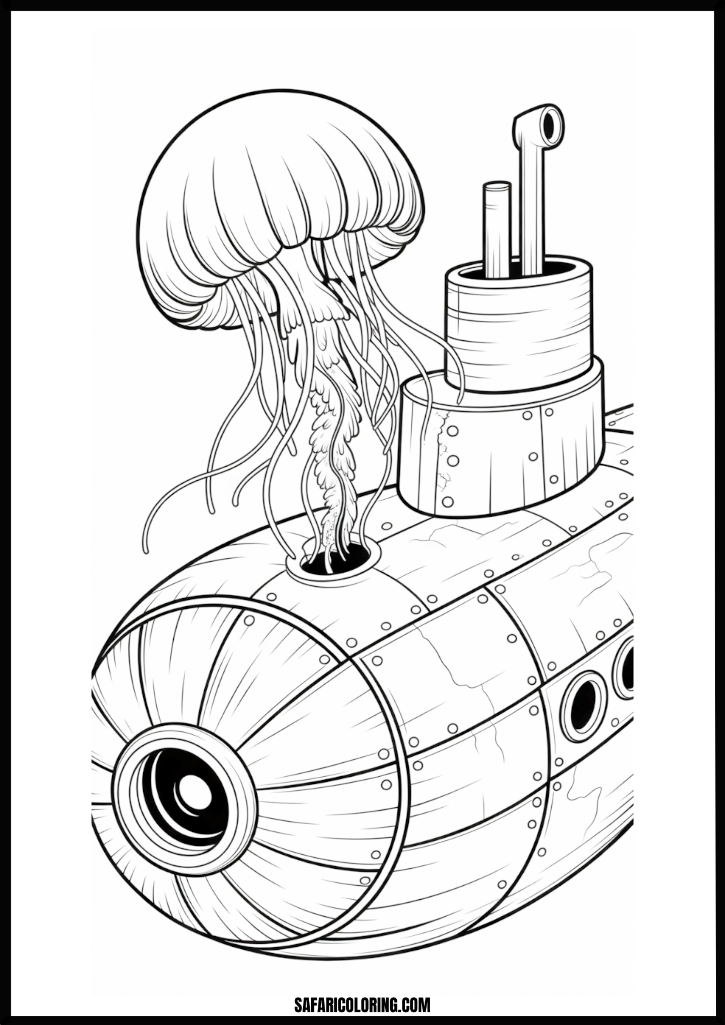 Jellyfish Emerging from Submarine Coloring Page Jellyfish playfully emerging from the hatch of a submarine.