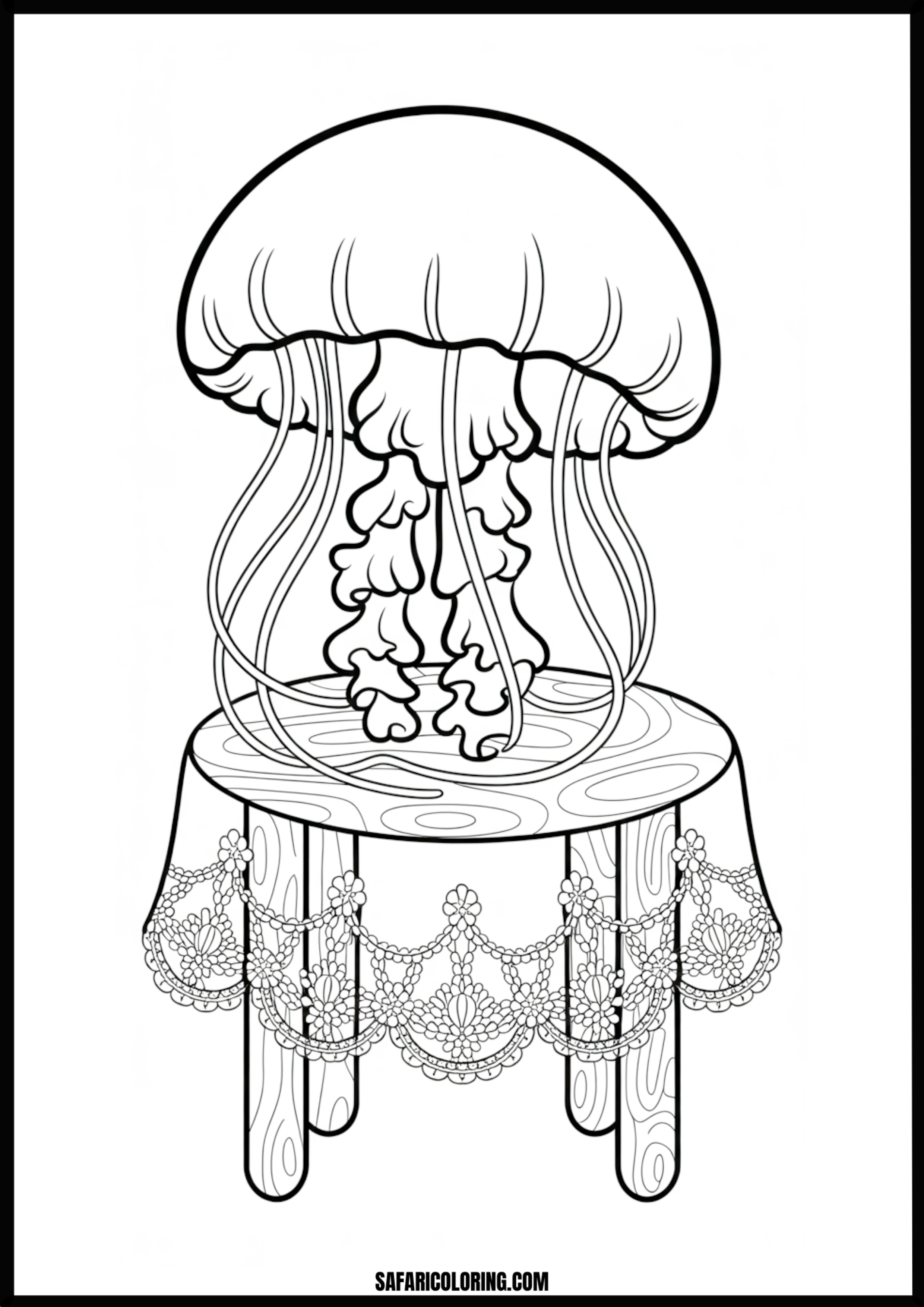 Jellyfish on Fancy Table Outline Coloring Page Ornate jellyfish sitting on a fancy, decorated table.