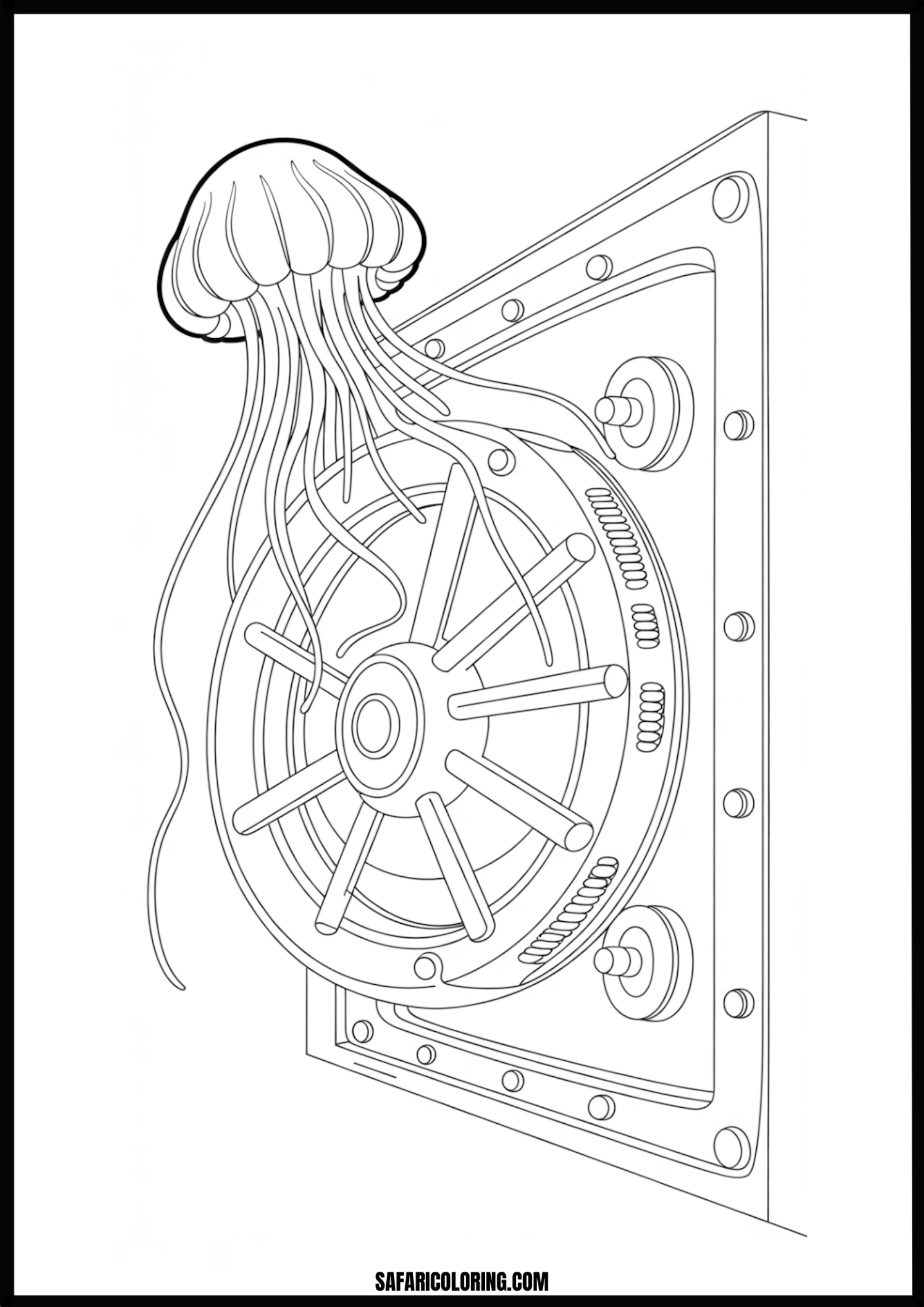 Jellyfish on a Submarine Hatch Coloring Page A whimsical jellyfish playfully resting on a submarine hatch.