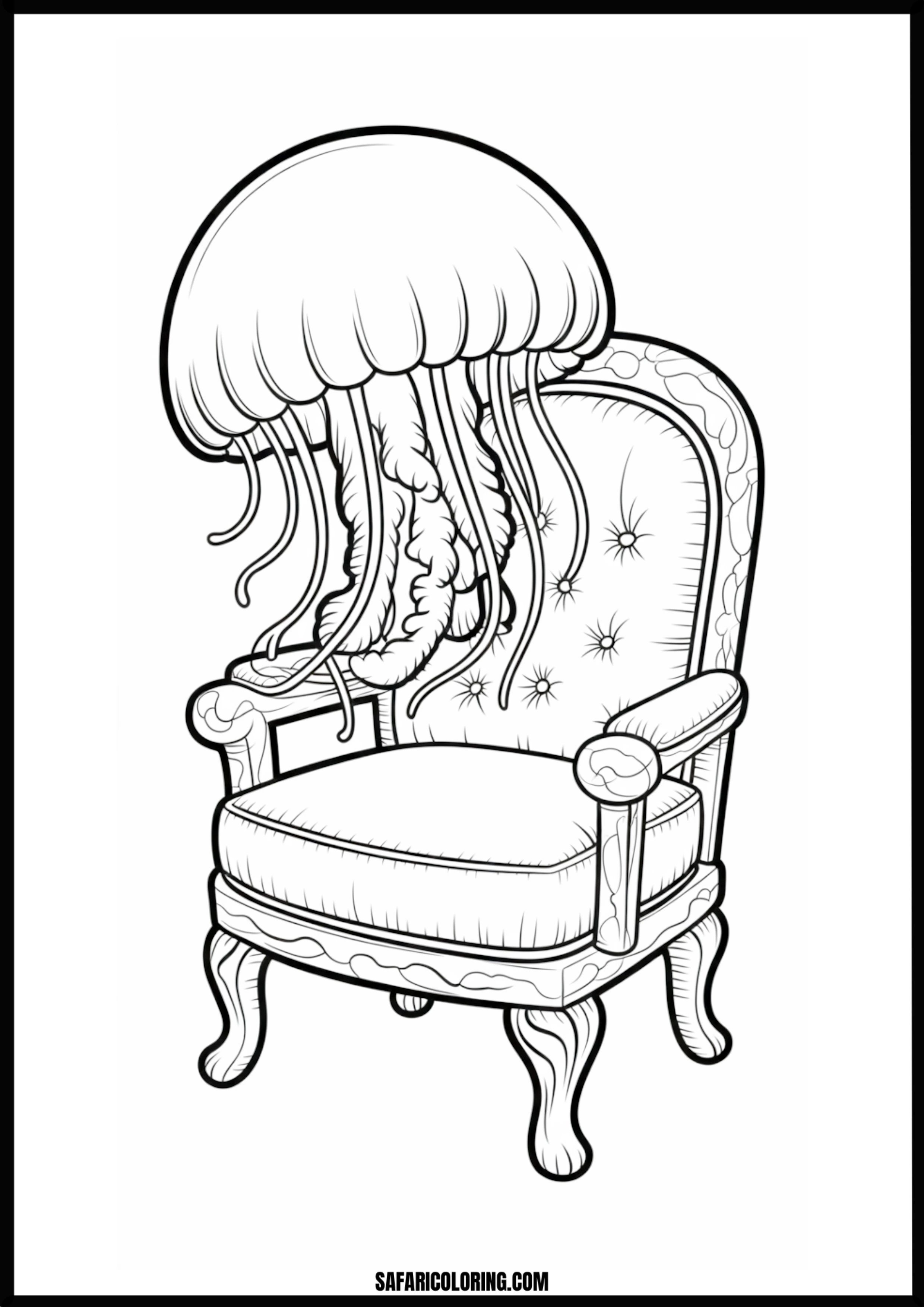 Jellyfish on an Armchair Coloring Page Whimsical jellyfish sitting comfortably on an ornate armchair.