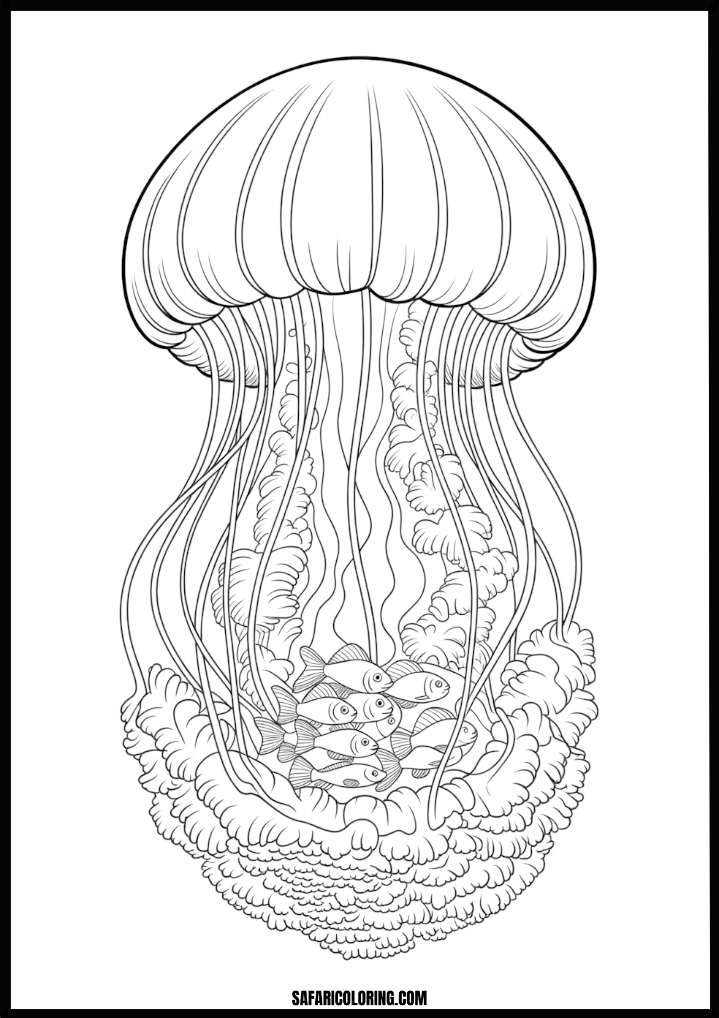 Jellyfish Protecting Small Fish Coloring Page A large, gentle jellyfish protecting smaller fish.