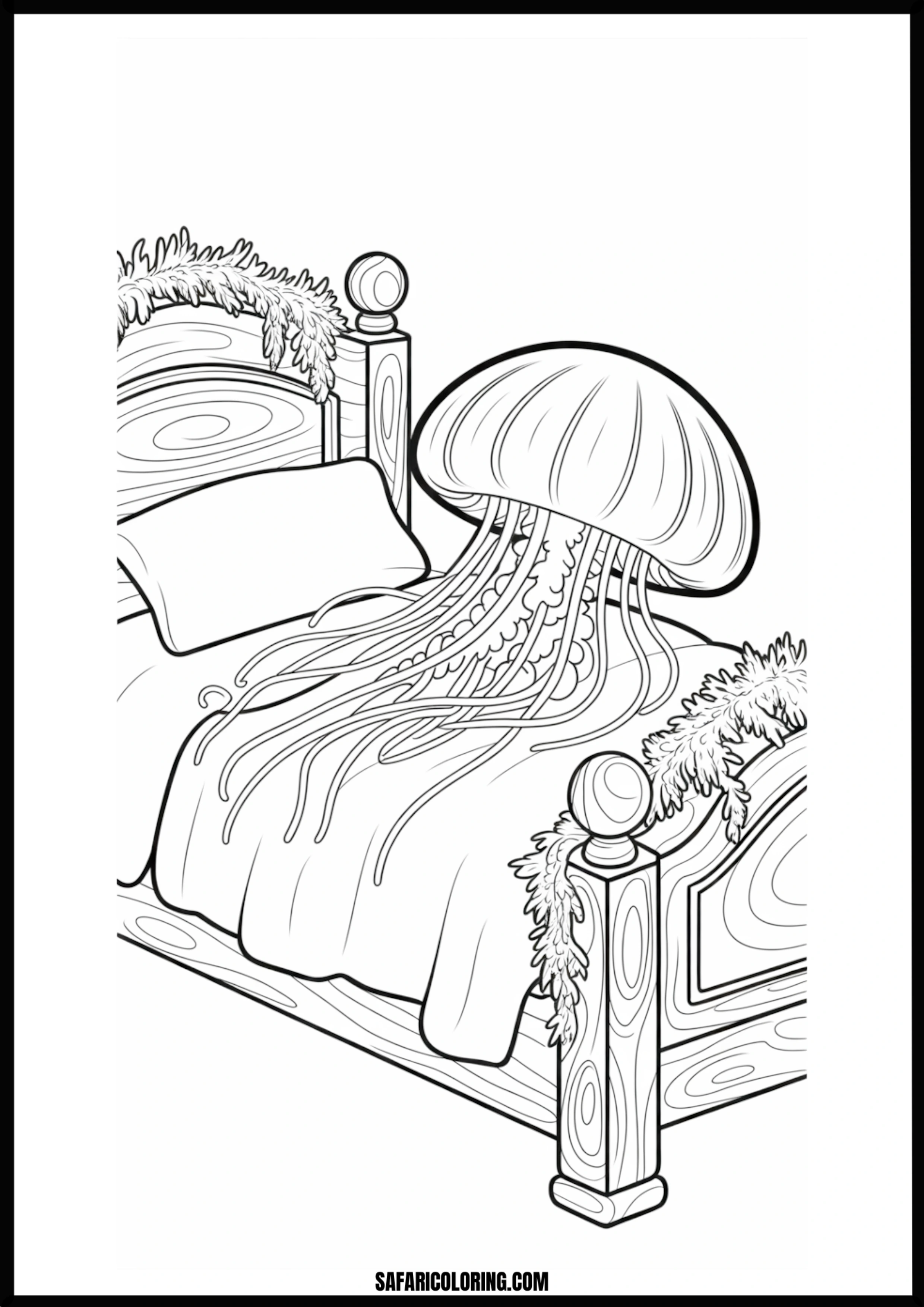 Jellyfish Sleeping in Bed Coloring Page Cute jellyfish sleeping soundly in a cozy bed.