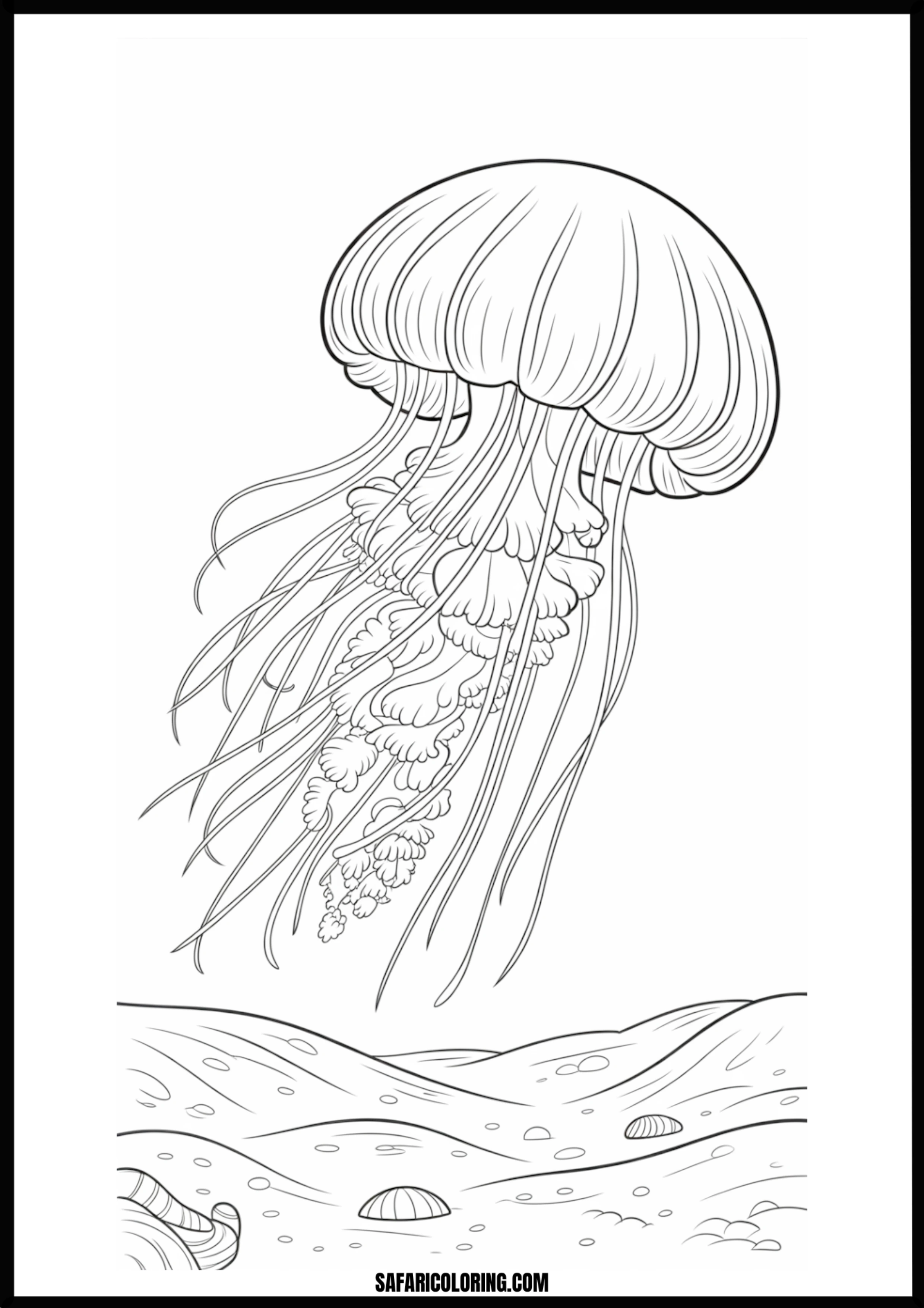 Jellyfish Underwater Coloring Page Graceful jellyfish swimming in a serene underwater scene.
