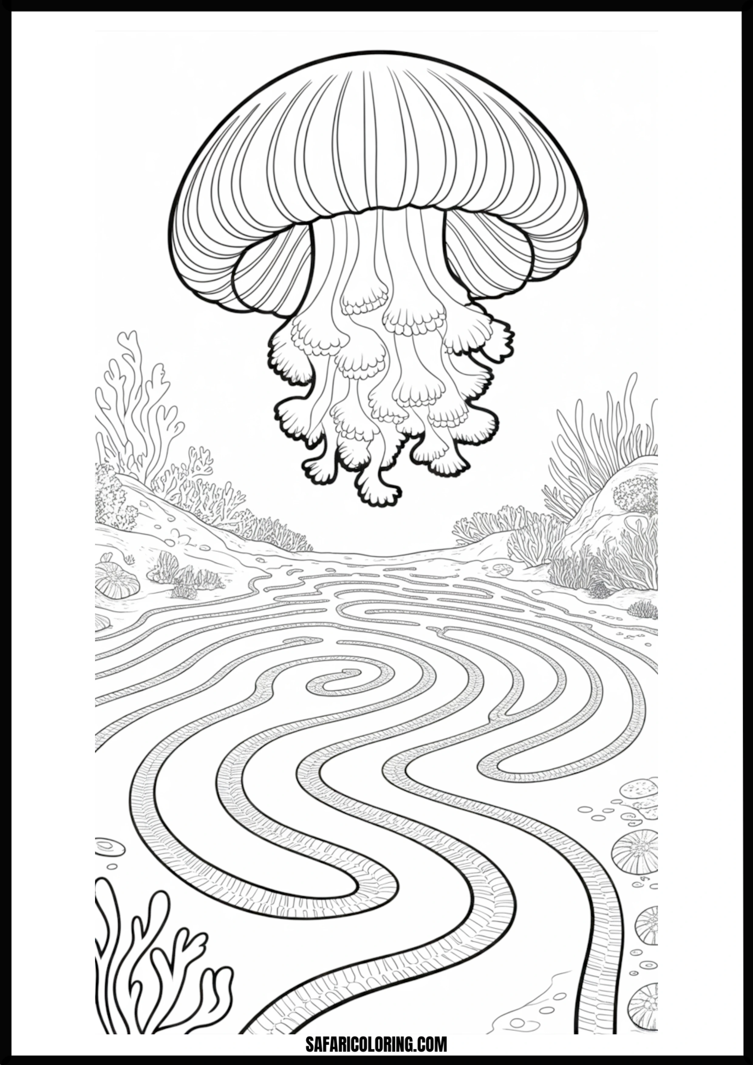 Jellyfish Underwater Maze Coloring Page An intricate underwater maze with a jellyfish as the goal.