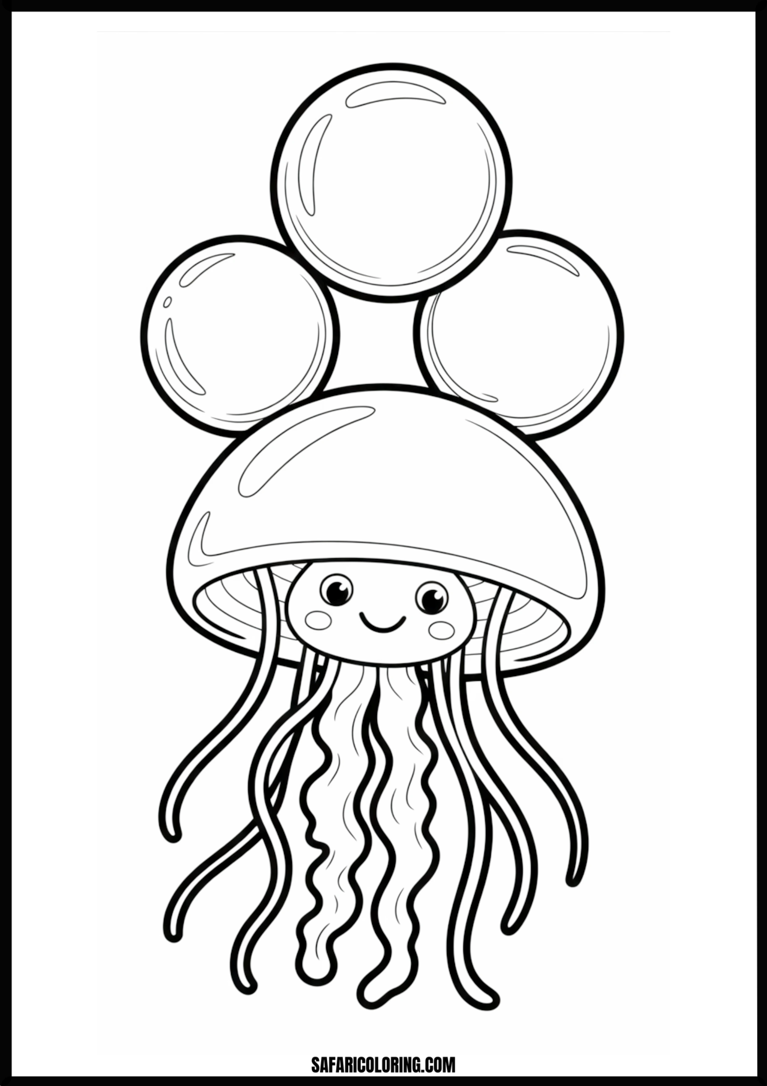 Jellyfish with Bubbles Coloring Page A detailed jellyfish surrounded by numerous bubbles.