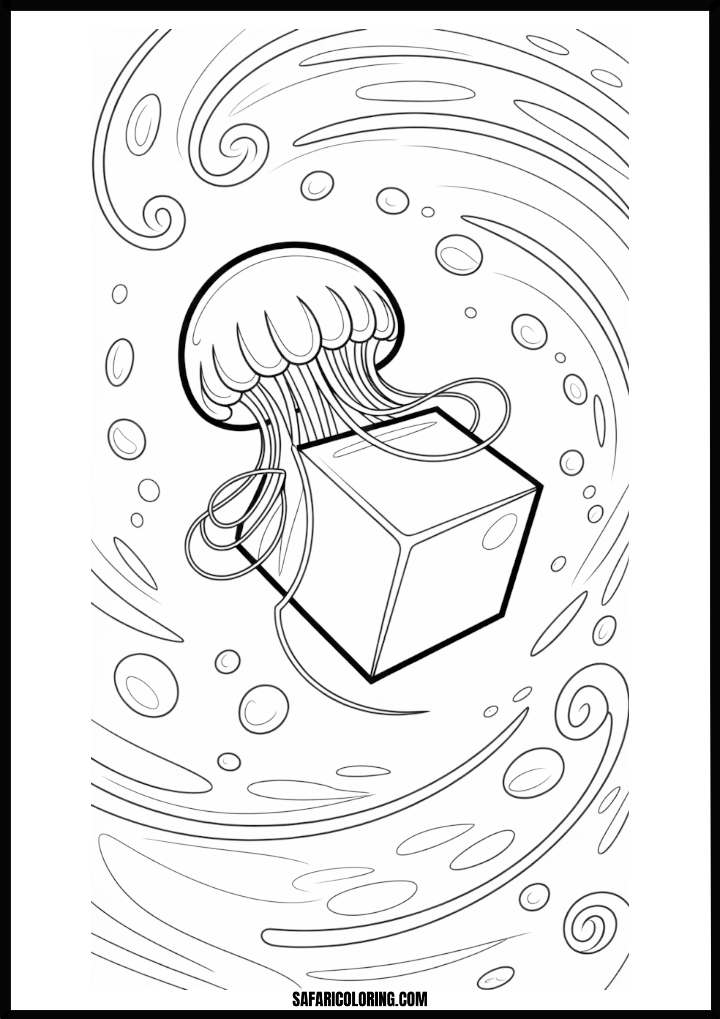 Jellyfish with Cube in Swirls Coloring Page Abstract jellyfish with a geometric cube, surrounded by swirling patterns.