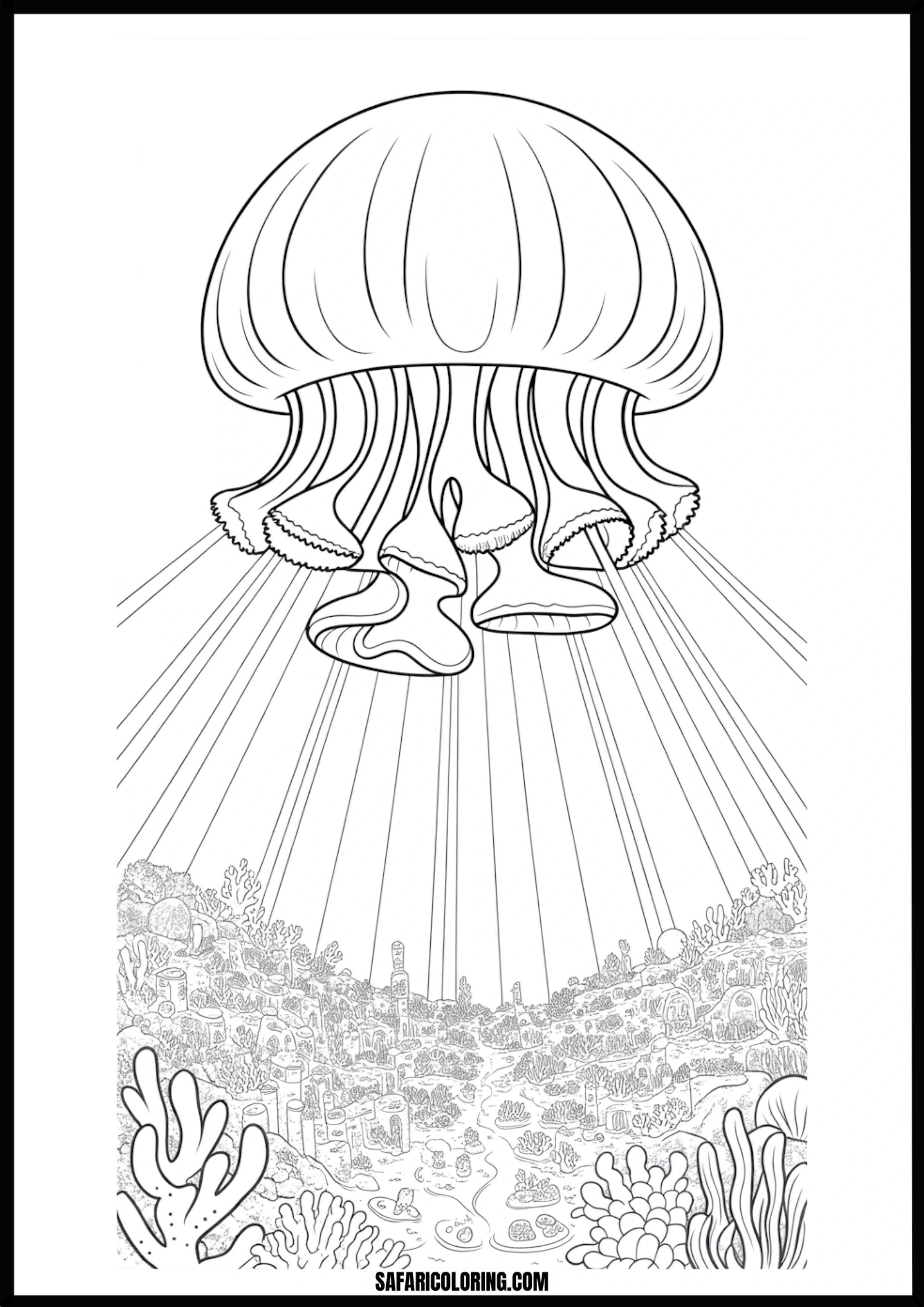 Jellyfish with Light Rays Over Coral Reef Coloring Page Jellyfish illuminated by light rays over a vibrant coral reef.