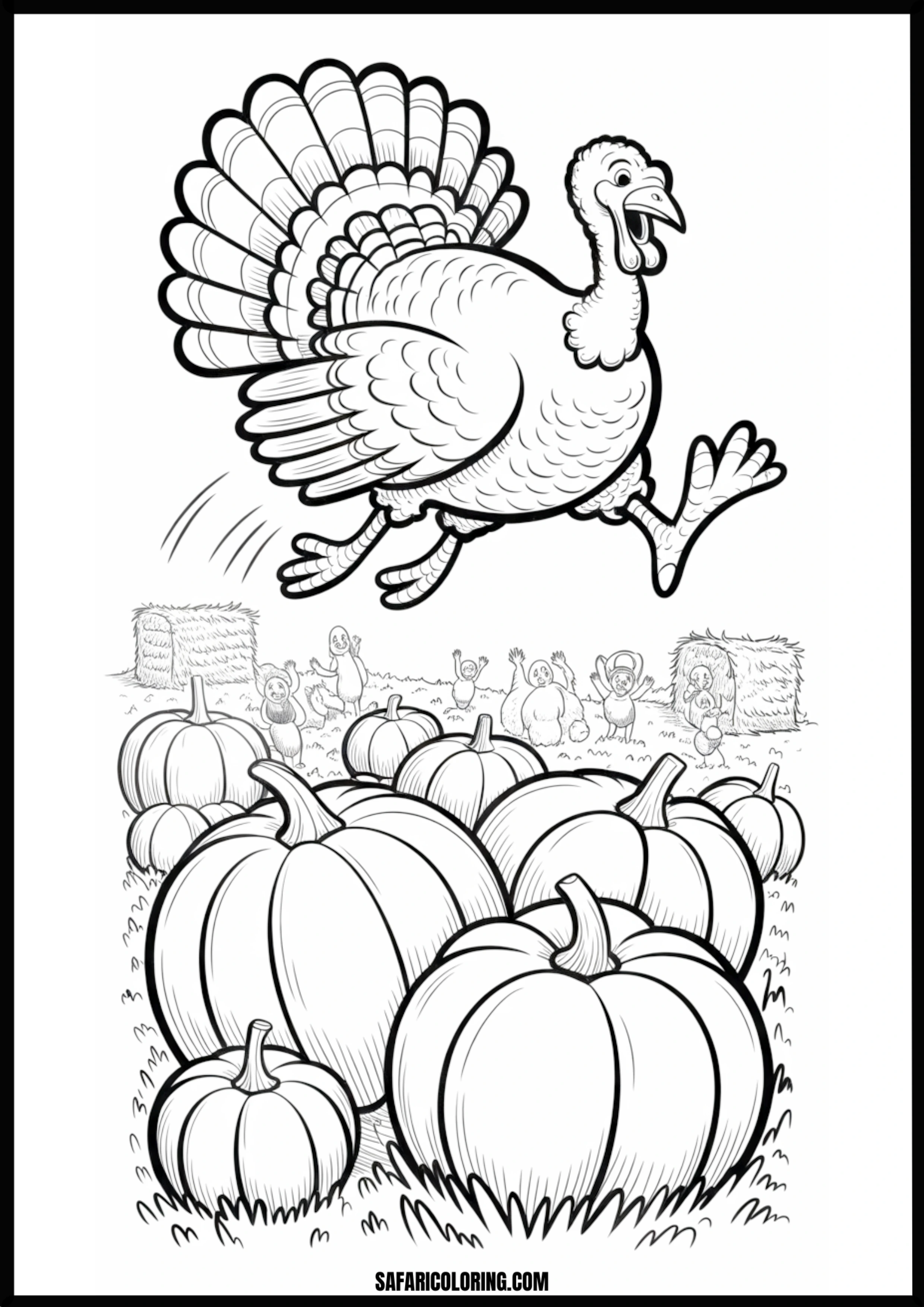 Joyful turkey leaping over pumpkins in an autumn scene