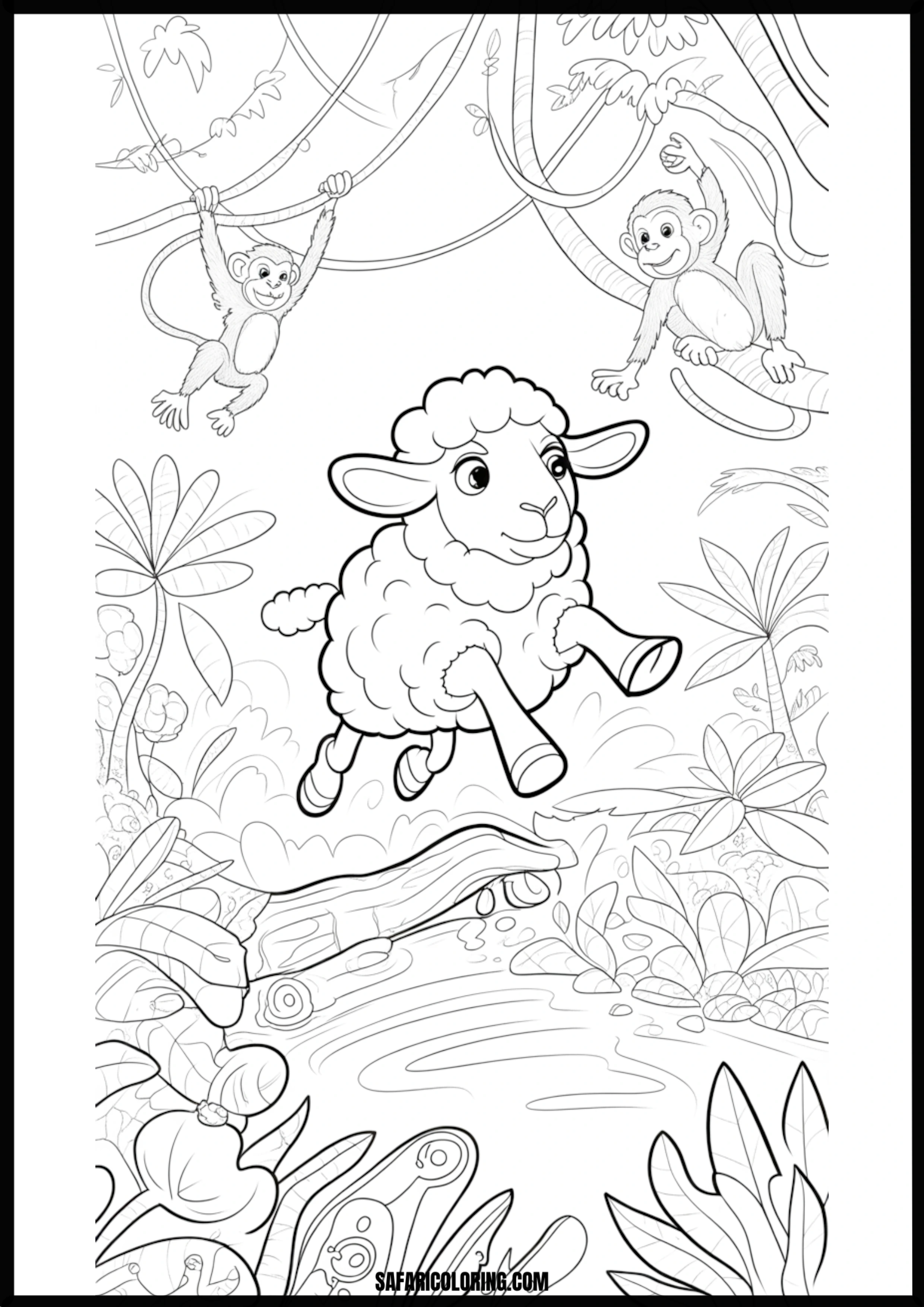 A jumping sheep and swinging monkeys in a vibrant jungle setting.