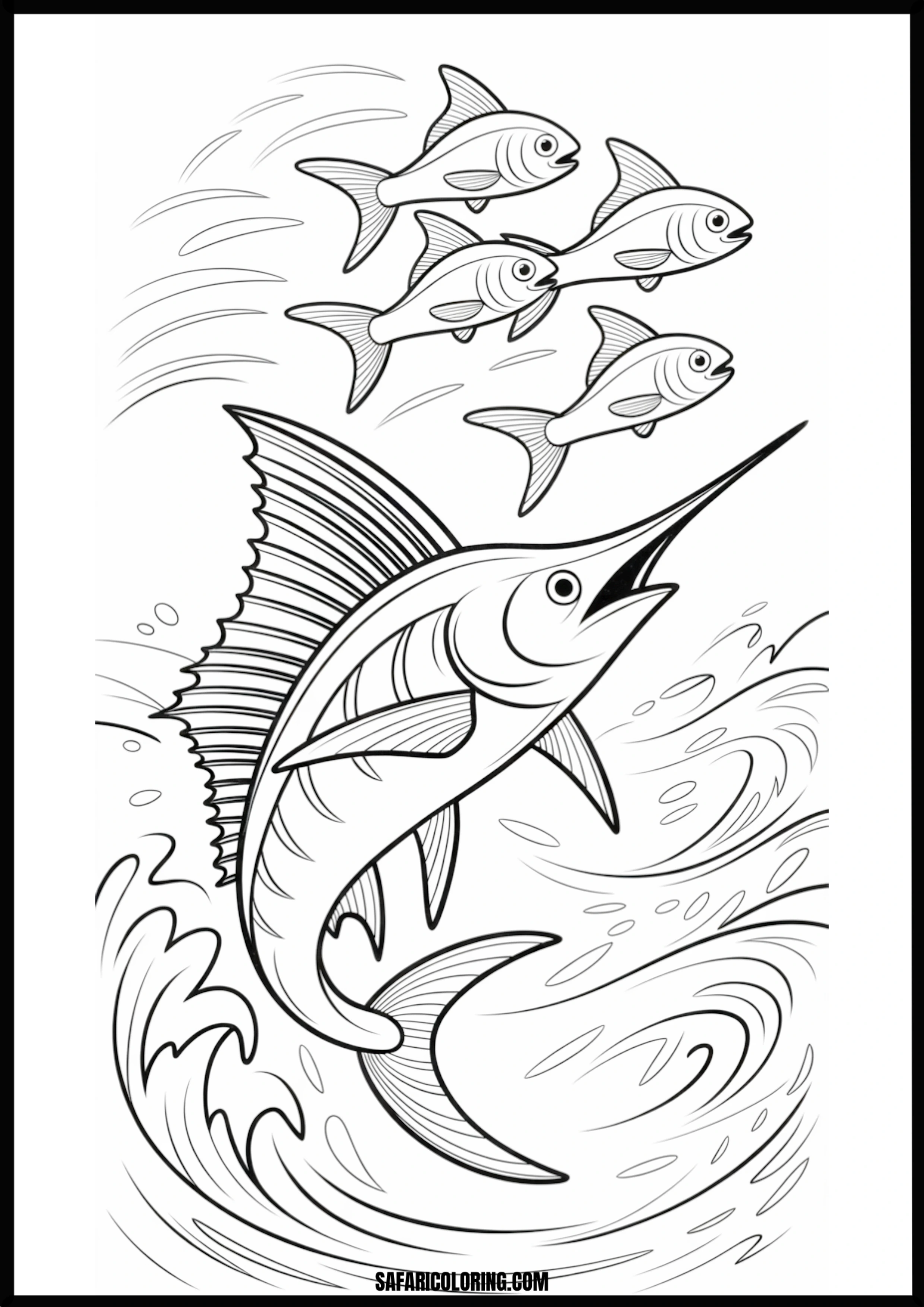 Jumping Billfish Attacking School of Fish Coloring Page A powerful billfish leaping to attack a school of fish.