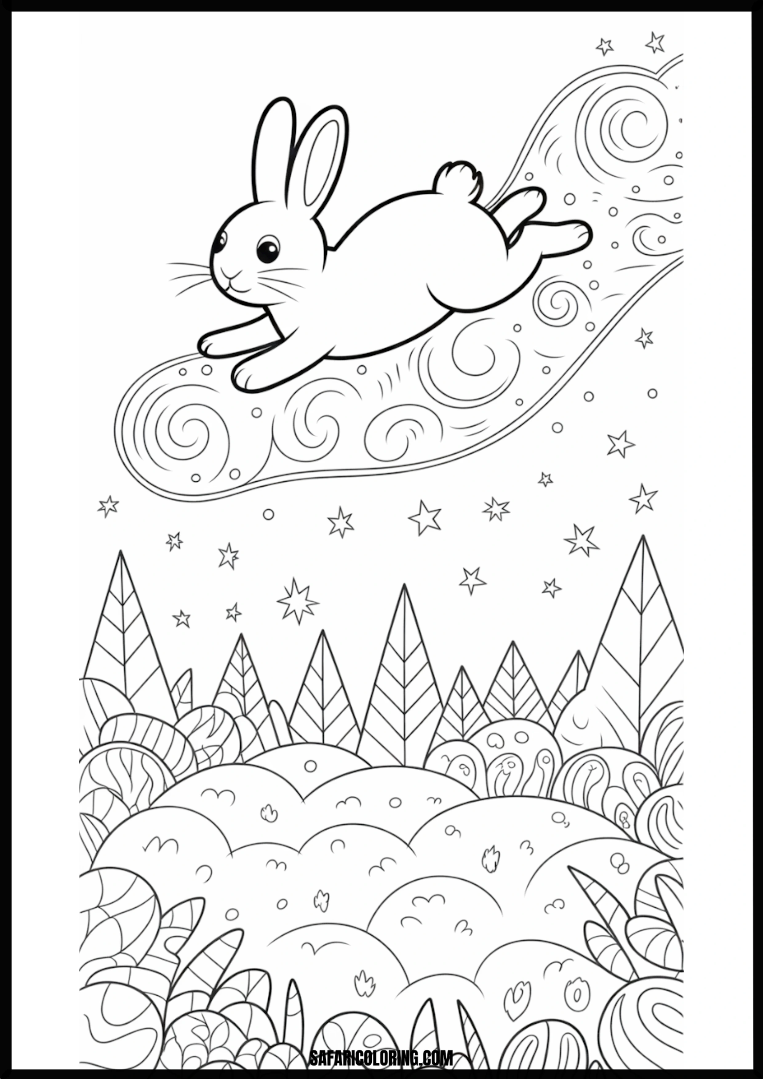 Cartoon bunny jumping on a cloud with stars over a forest.