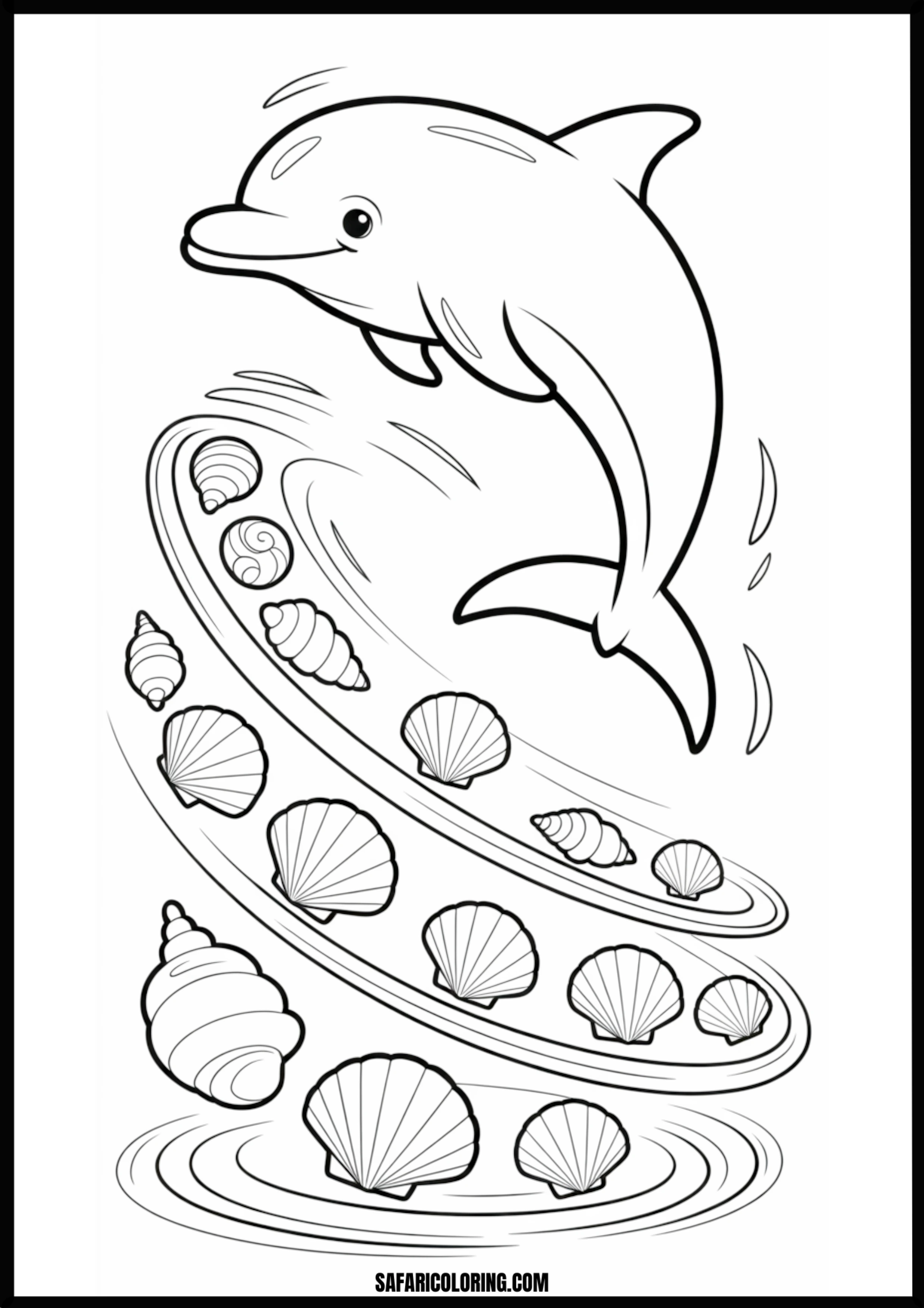 Jumping Dolphin and Seashells Coloring Page Dolphin jumping out of water with seashells