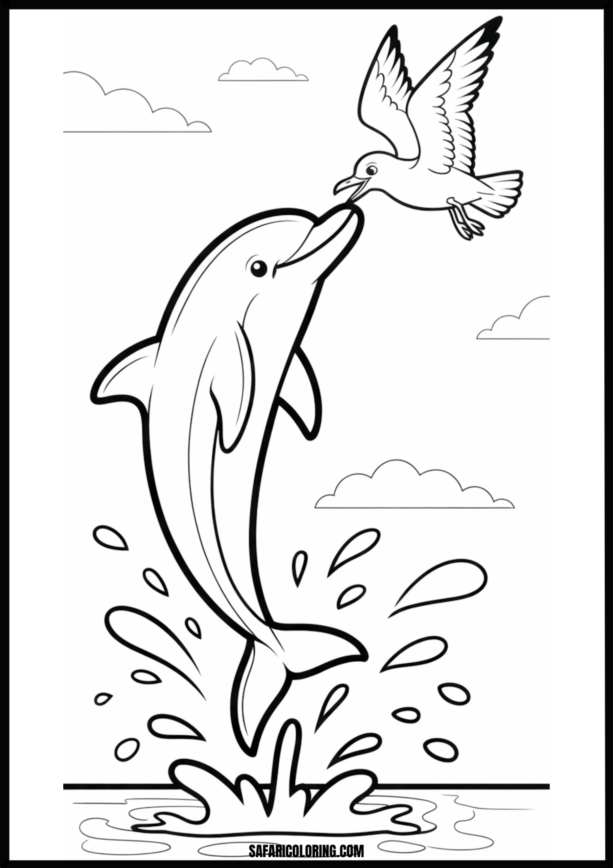 Jumping Dolphin Meets Flying Seagull Coloring Jumping dolphin meeting a flying seagull in mid-air