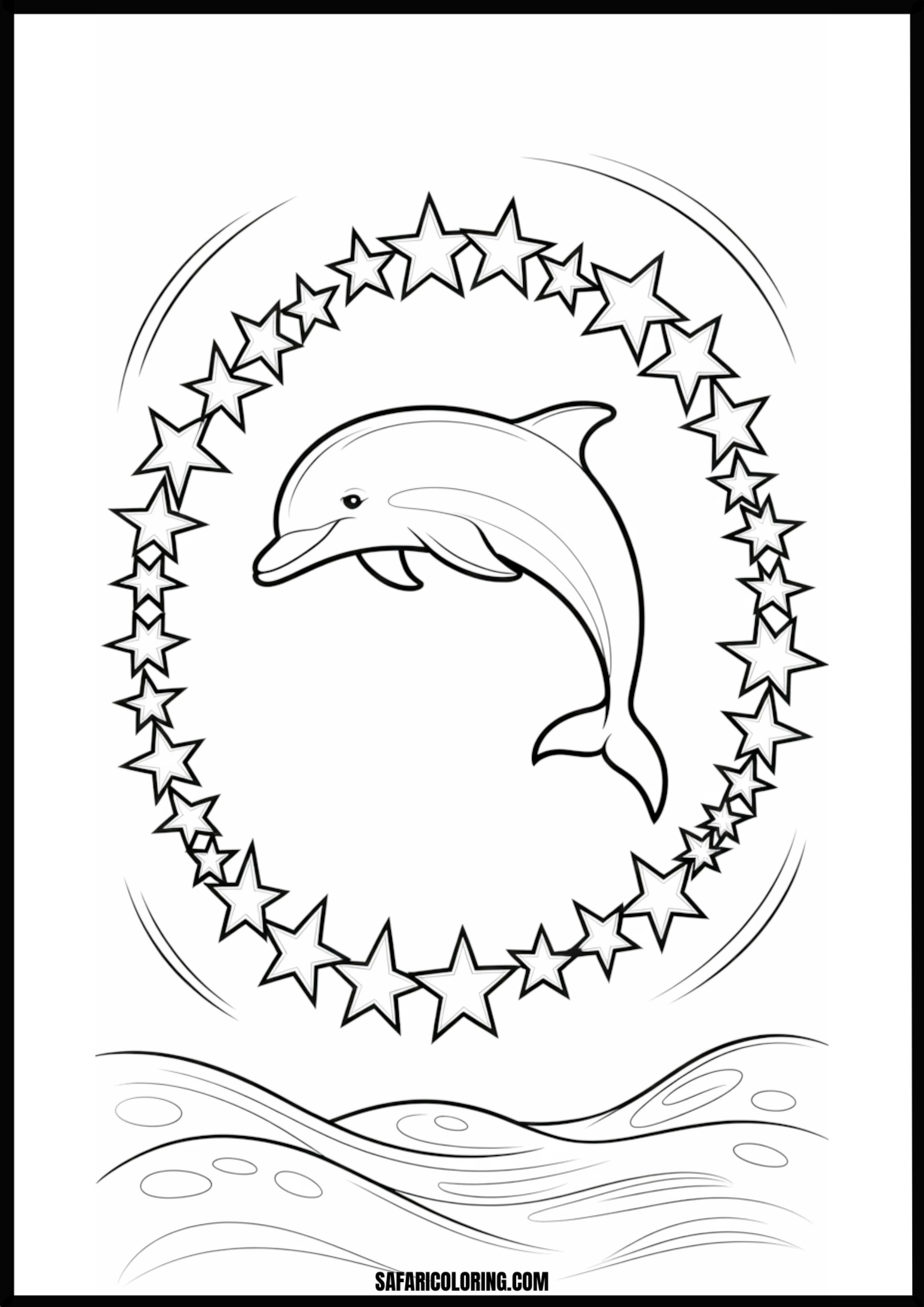 Jumping Dolphin and Stars Coloring Page Dolphin jumping towards stars in a celestial scene