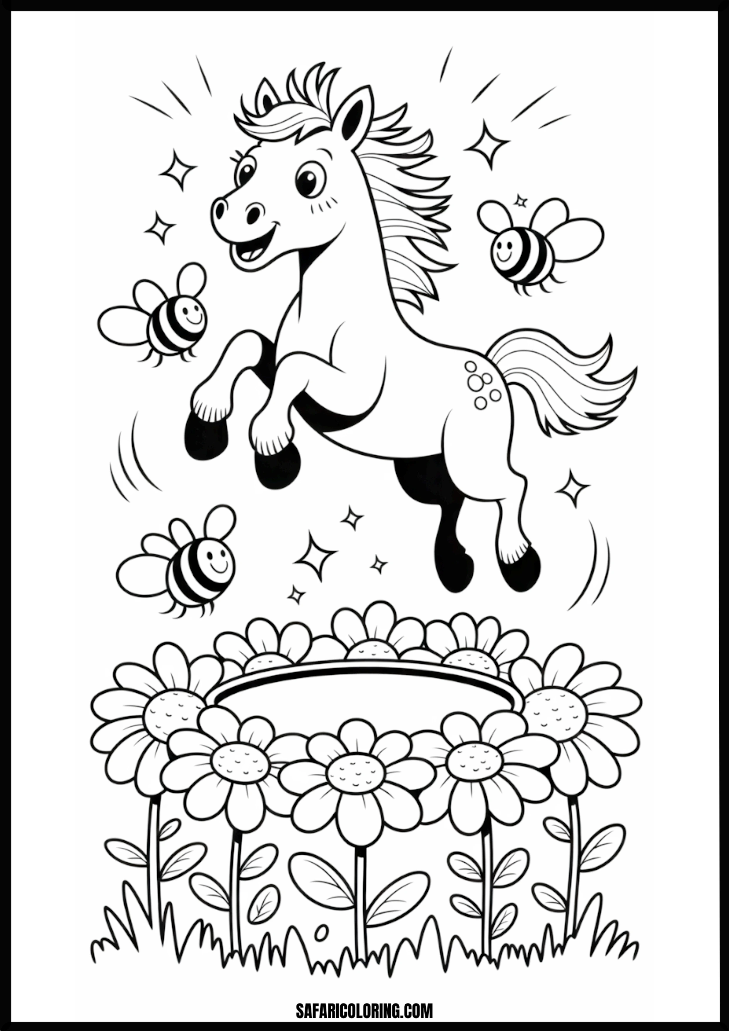 Jumping horse with bees and flowers coloring page