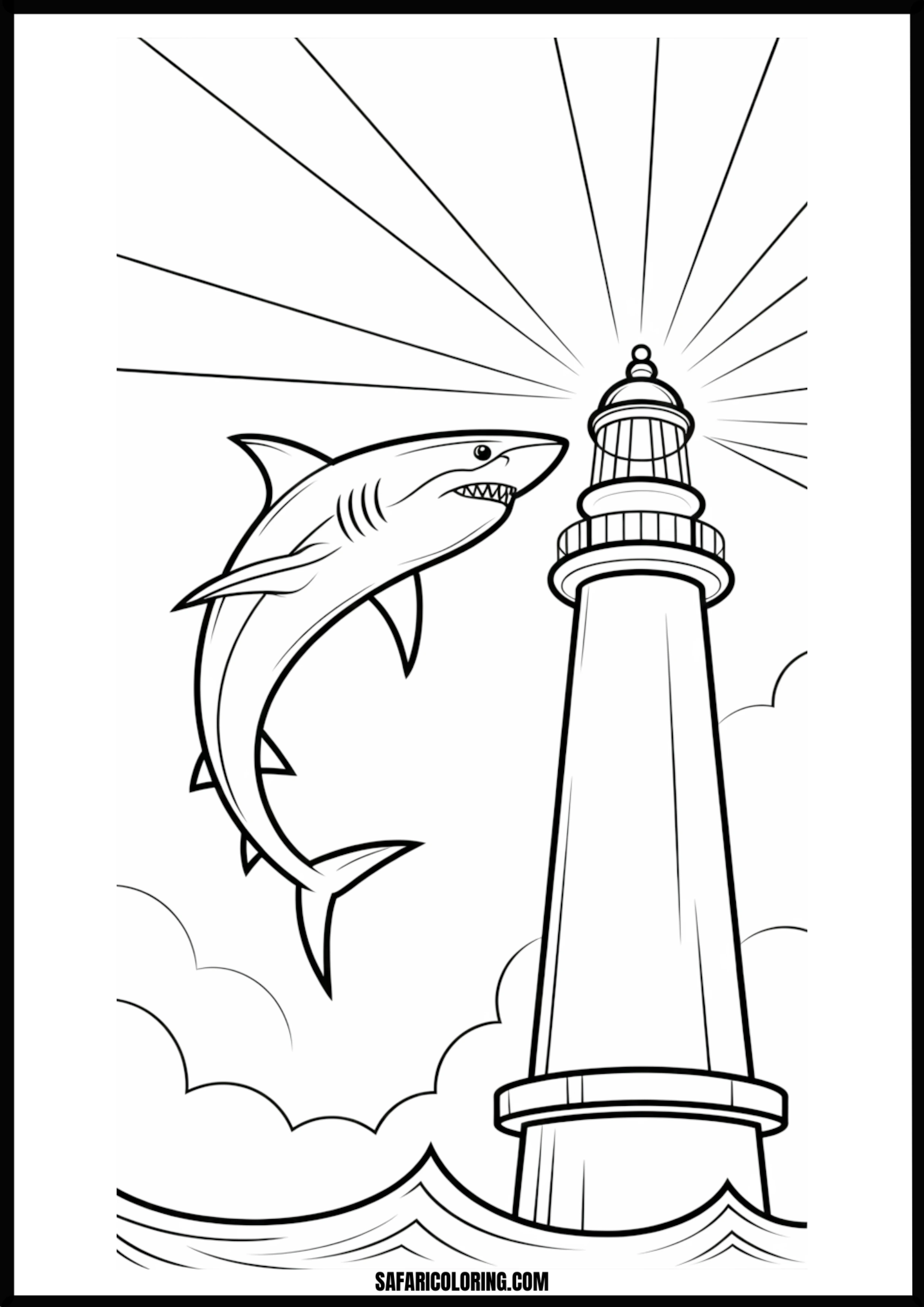 Jumping Shark and Lighthouse Coloring Page Jumping shark near a lighthouse