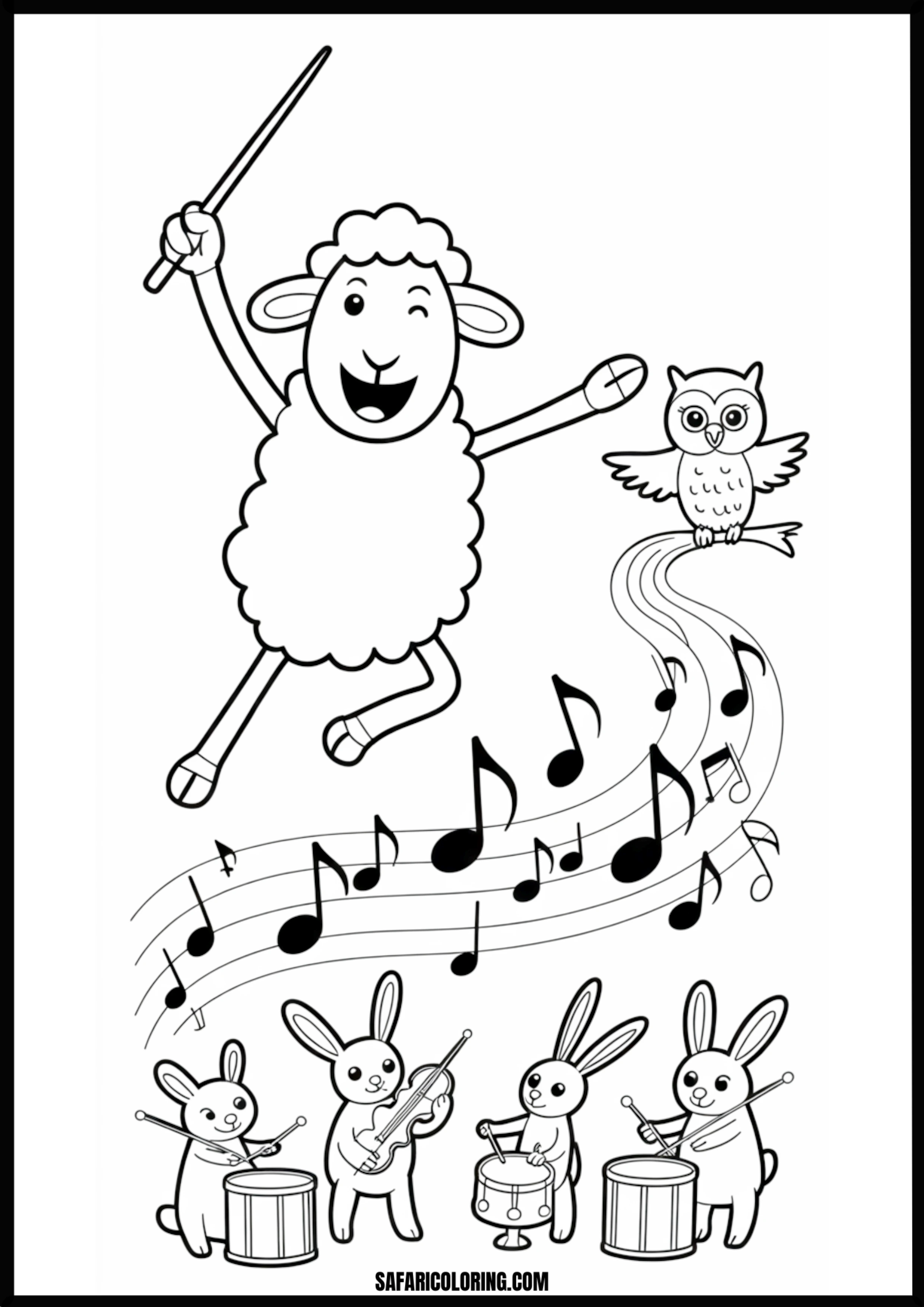 Jumping sheep conducting a bunny band with an owl and music notes.