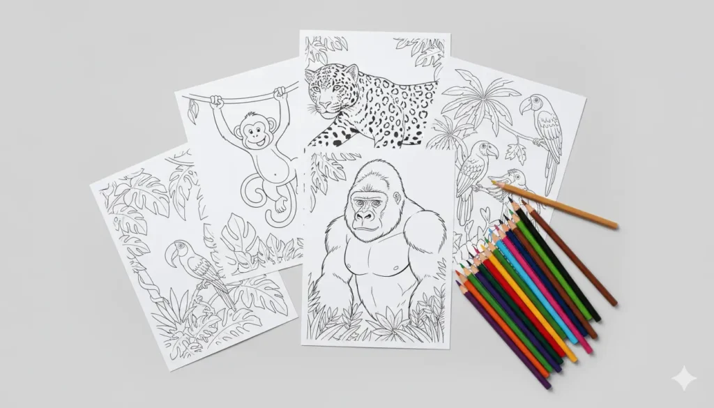 Jungle animals coloring pages for kids - monkey, jaguar, gorilla, tropical birds