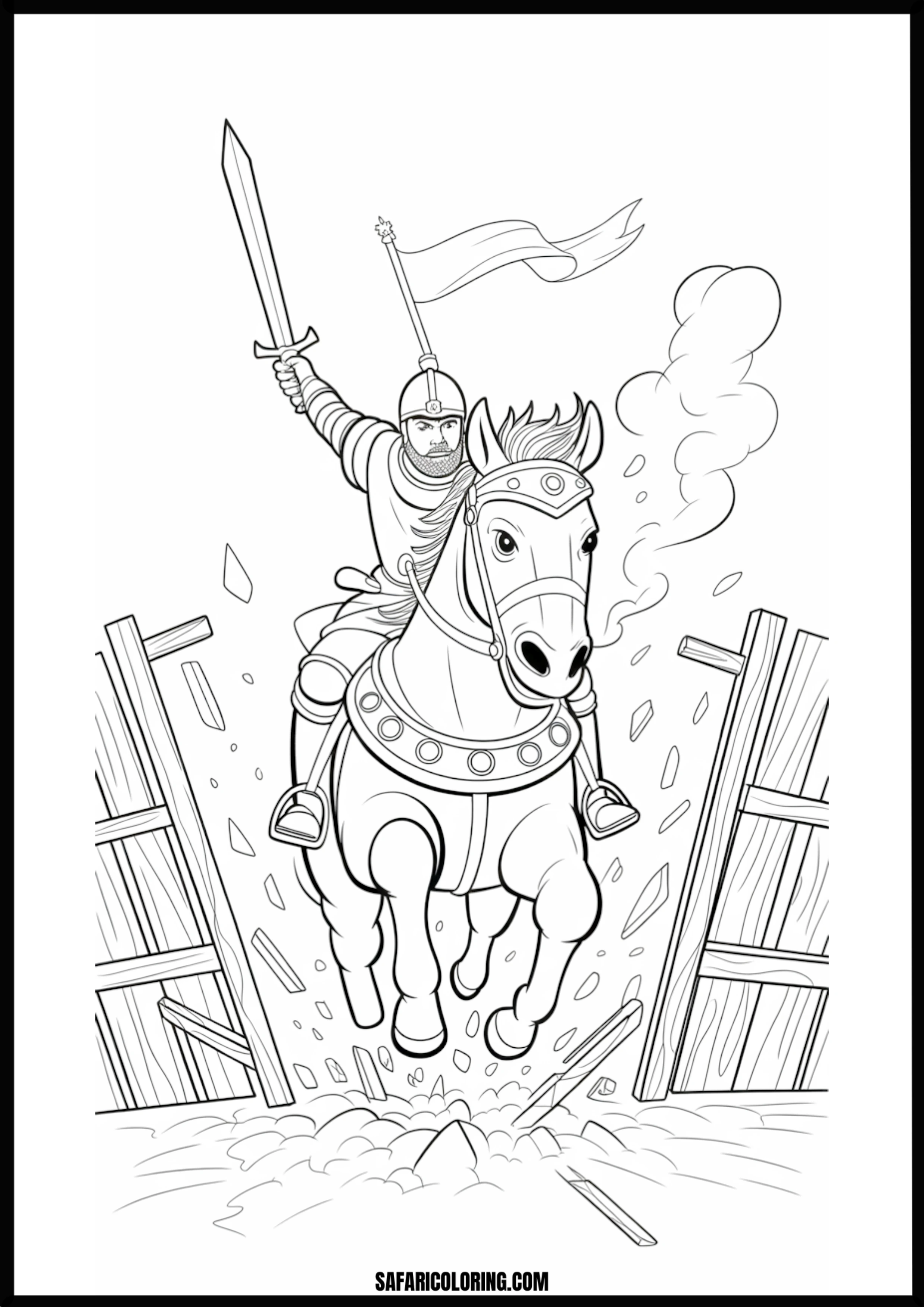 Knight on horse charges with sword coloring page