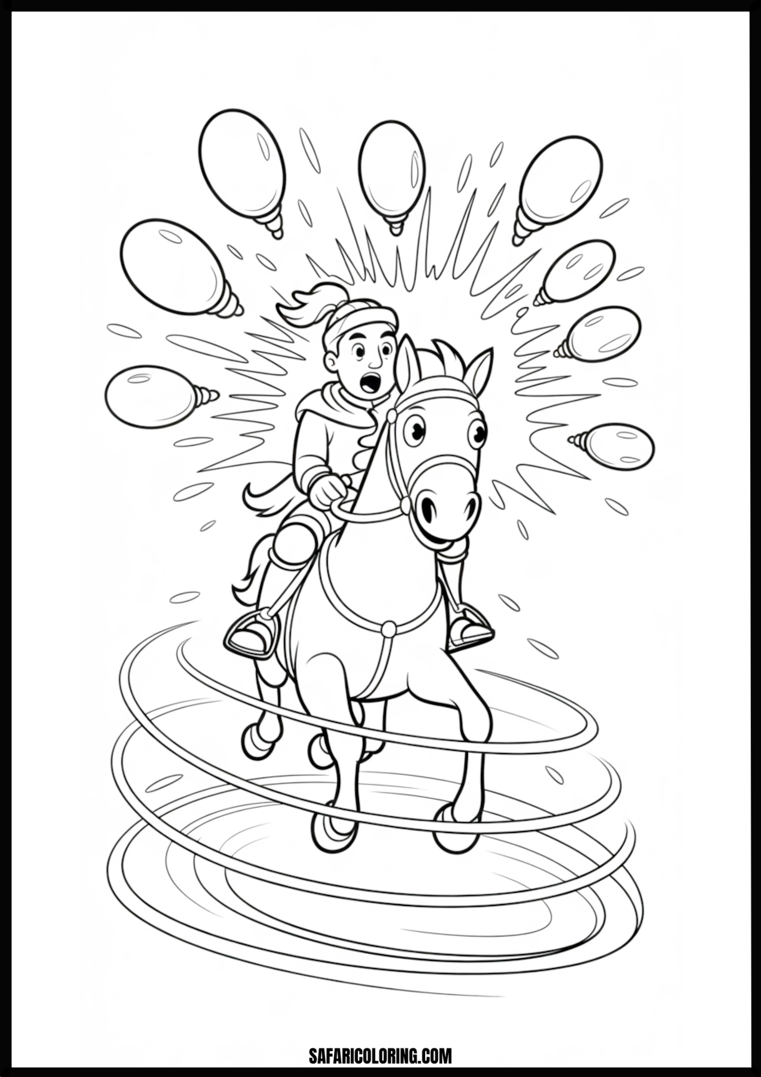 Knight riding horse in balloon whirlwind coloring page