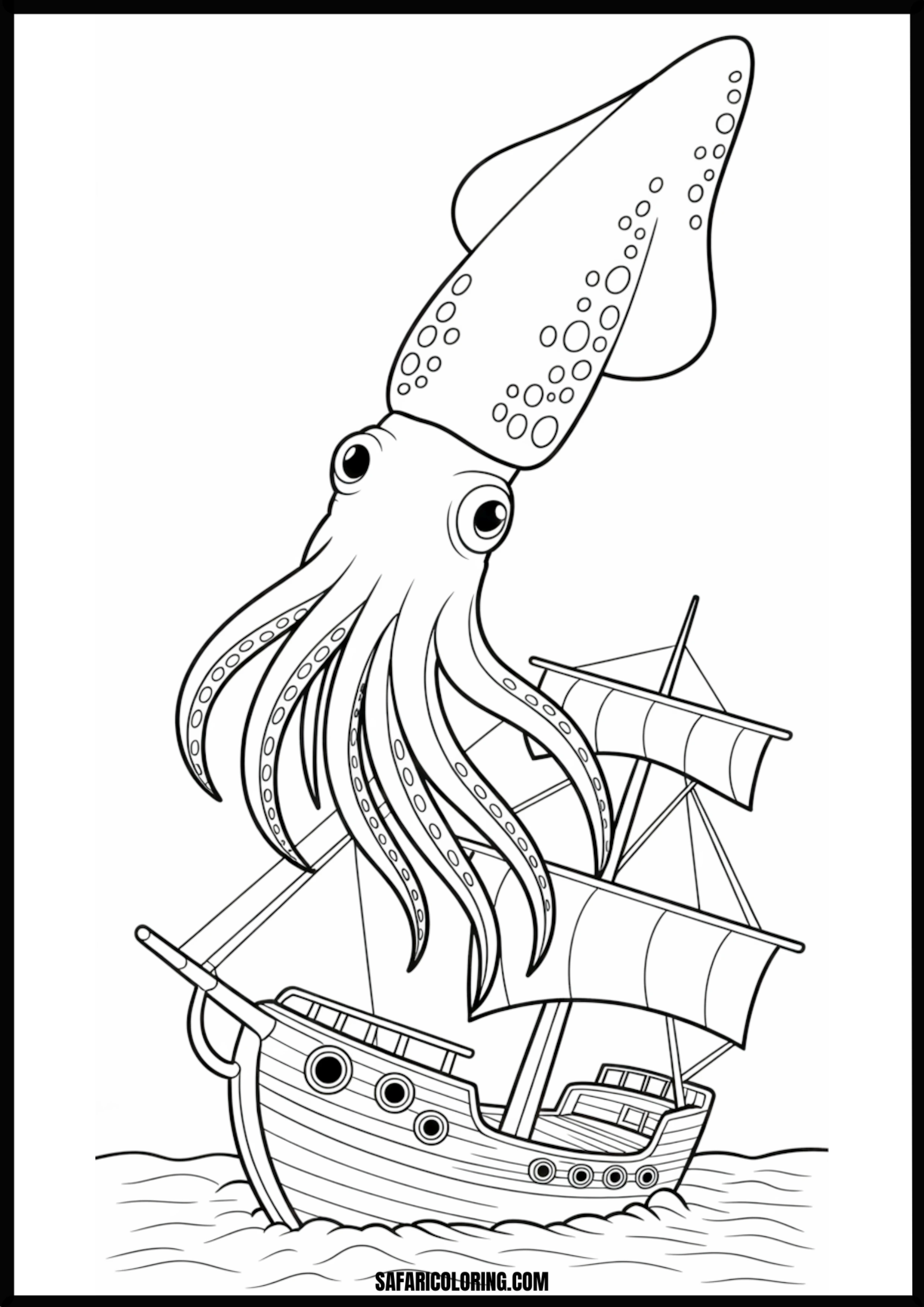 Kraken Attacking Ship Coloring Page A mythical Kraken with giant tentacles attacking a sailing ship.
