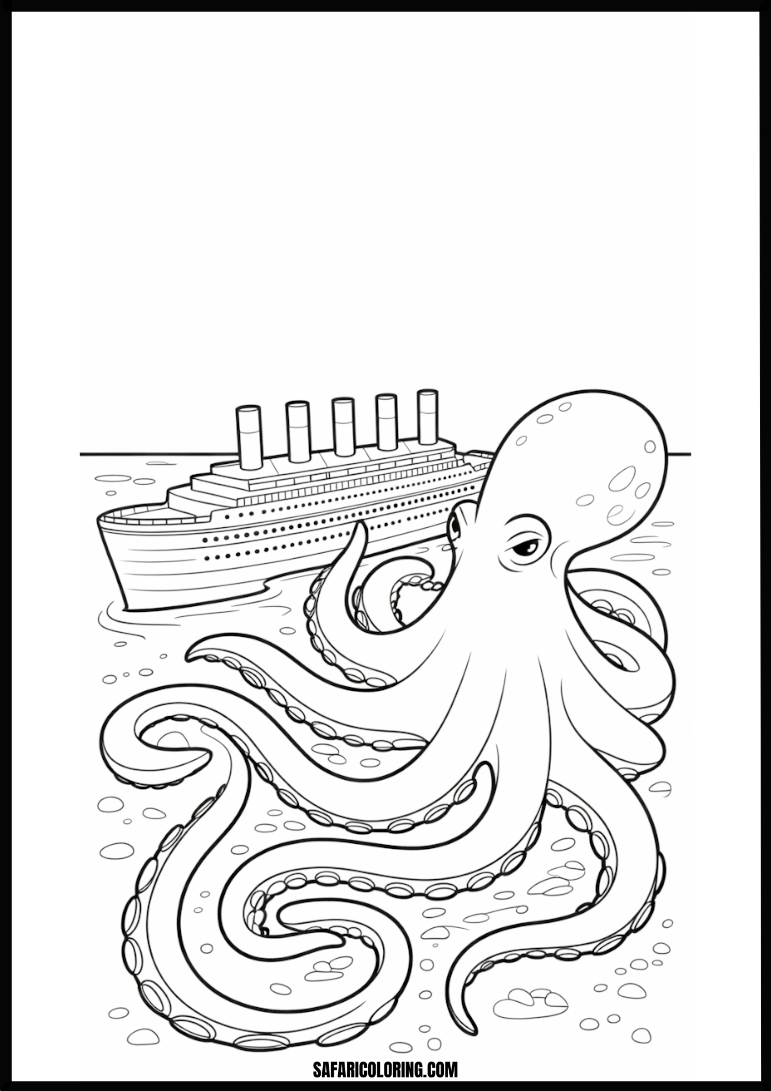Kraken Surfaces Near Ocean Liner Printable Coloring Sheet An outline drawing of a kraken sea monster for coloring.