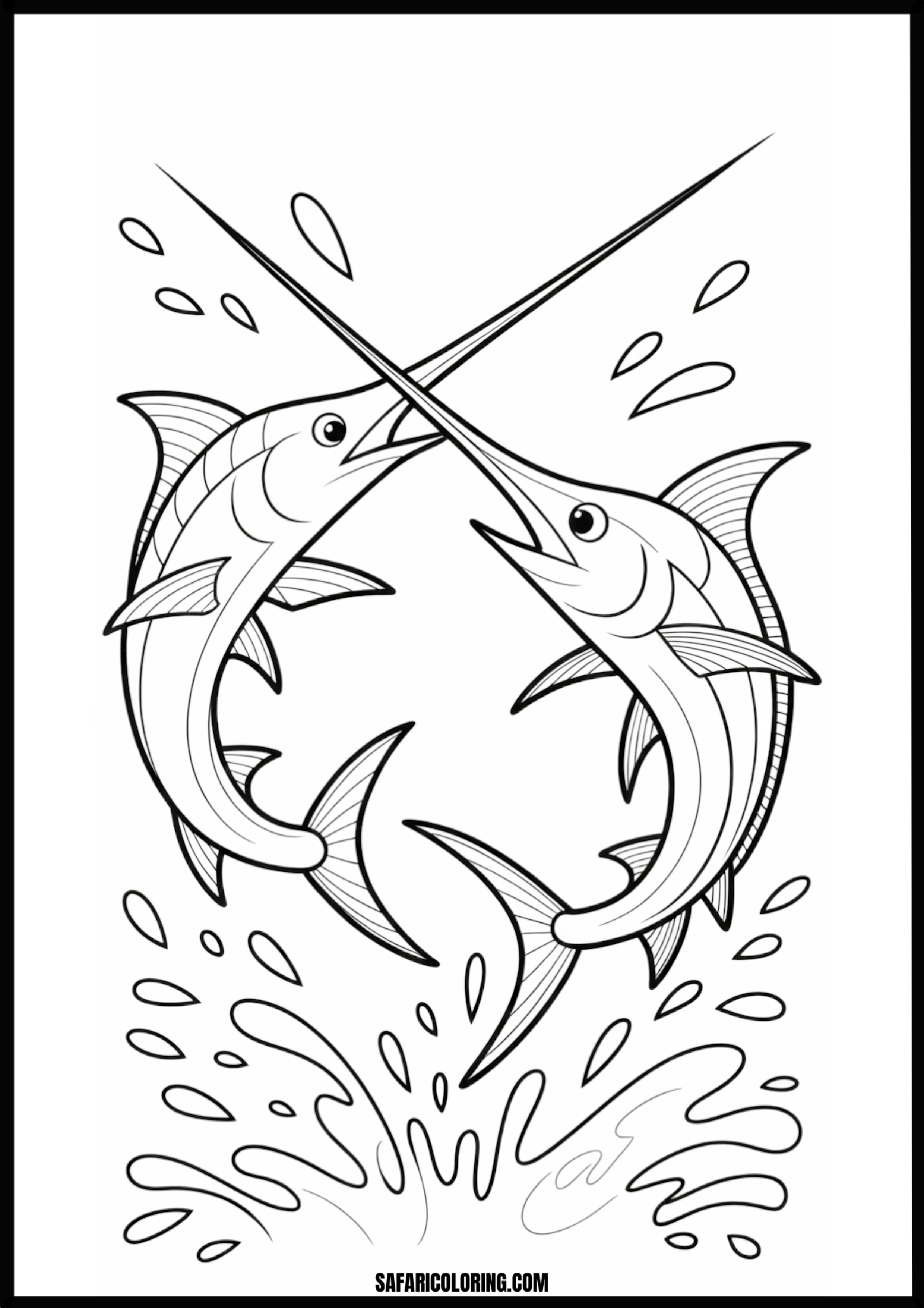 Leaping Marlin Fish with Crossed Bills Coloring Page A marlin fish leaping with its bill crossed against another.
