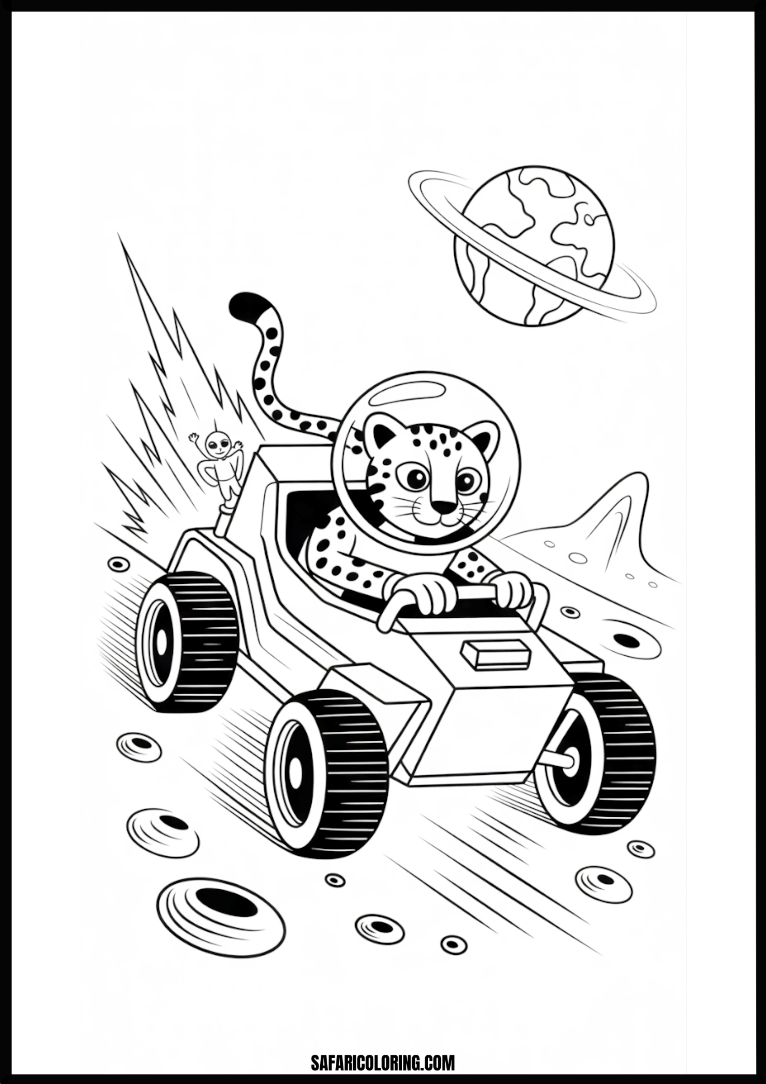 Cartoon leopard astronaut driving a space rover with a friendly alien.