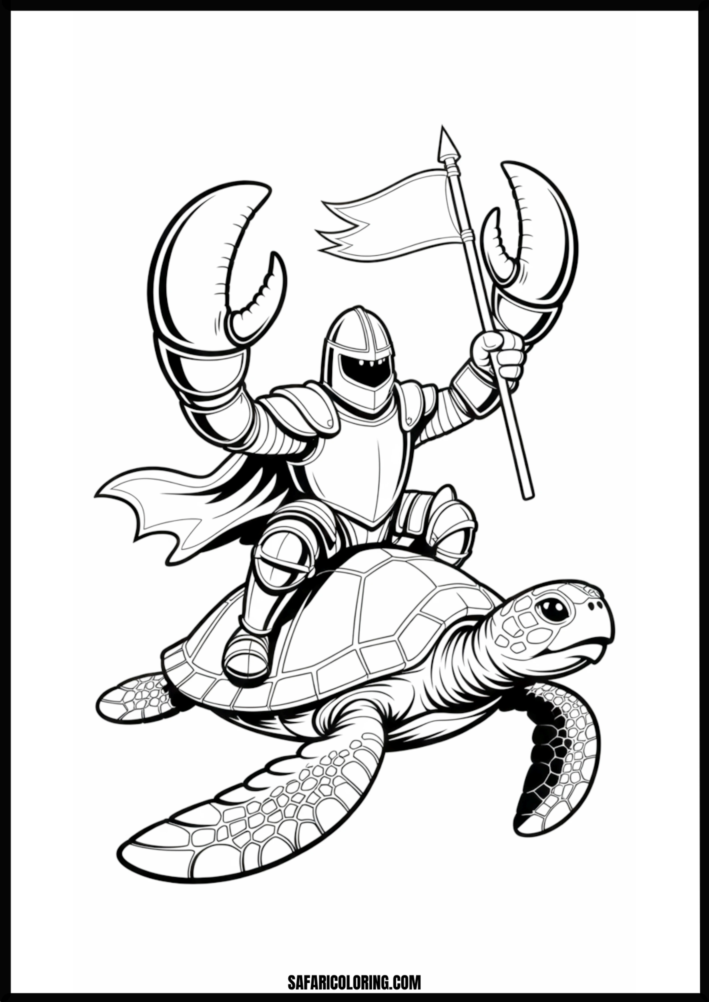 Color the Lobster Claw Knight A lobster claw knight riding a sea turtle.