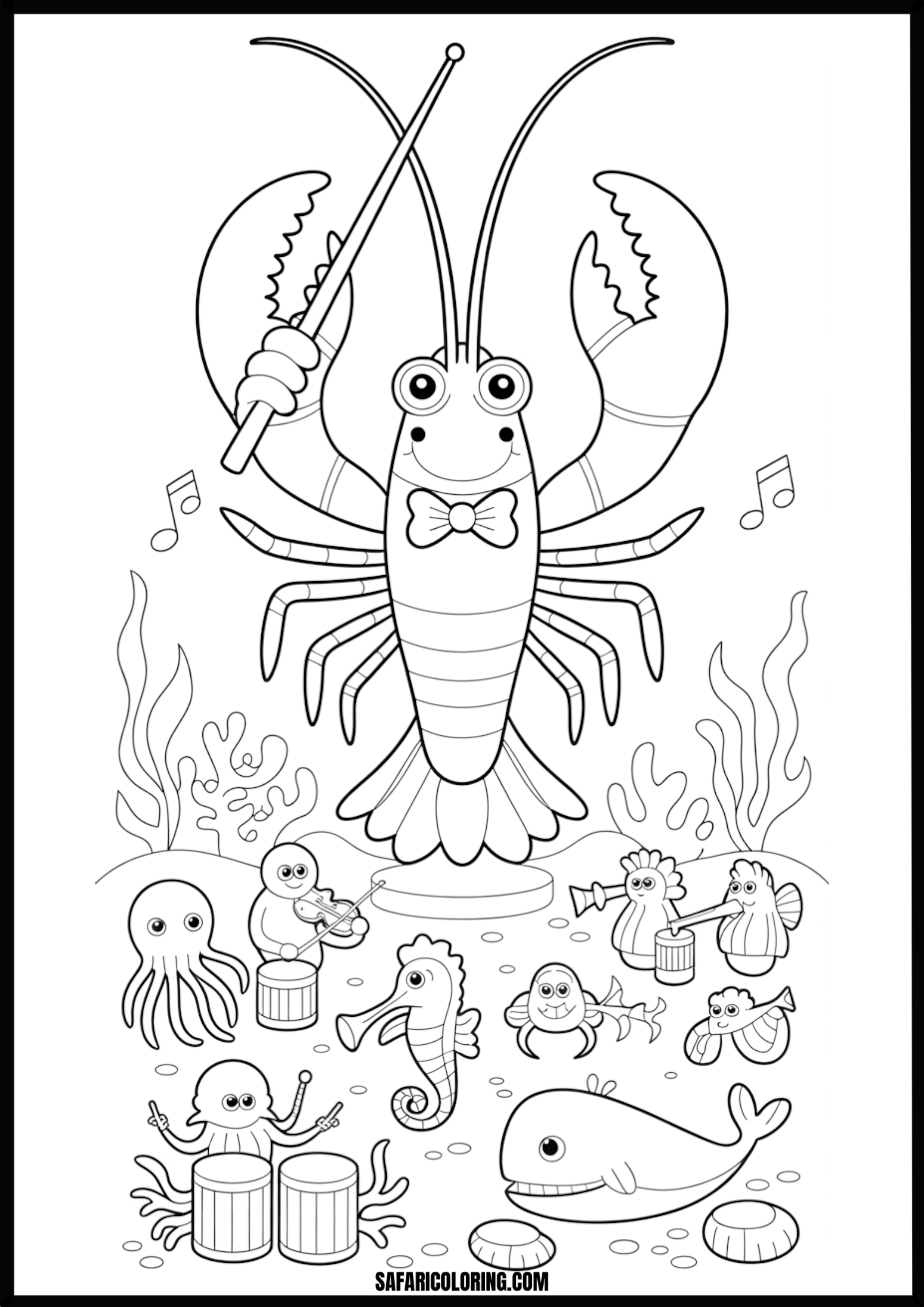 Color the Lobster Conductor A lobster conducting an ocean animal orchestra.
