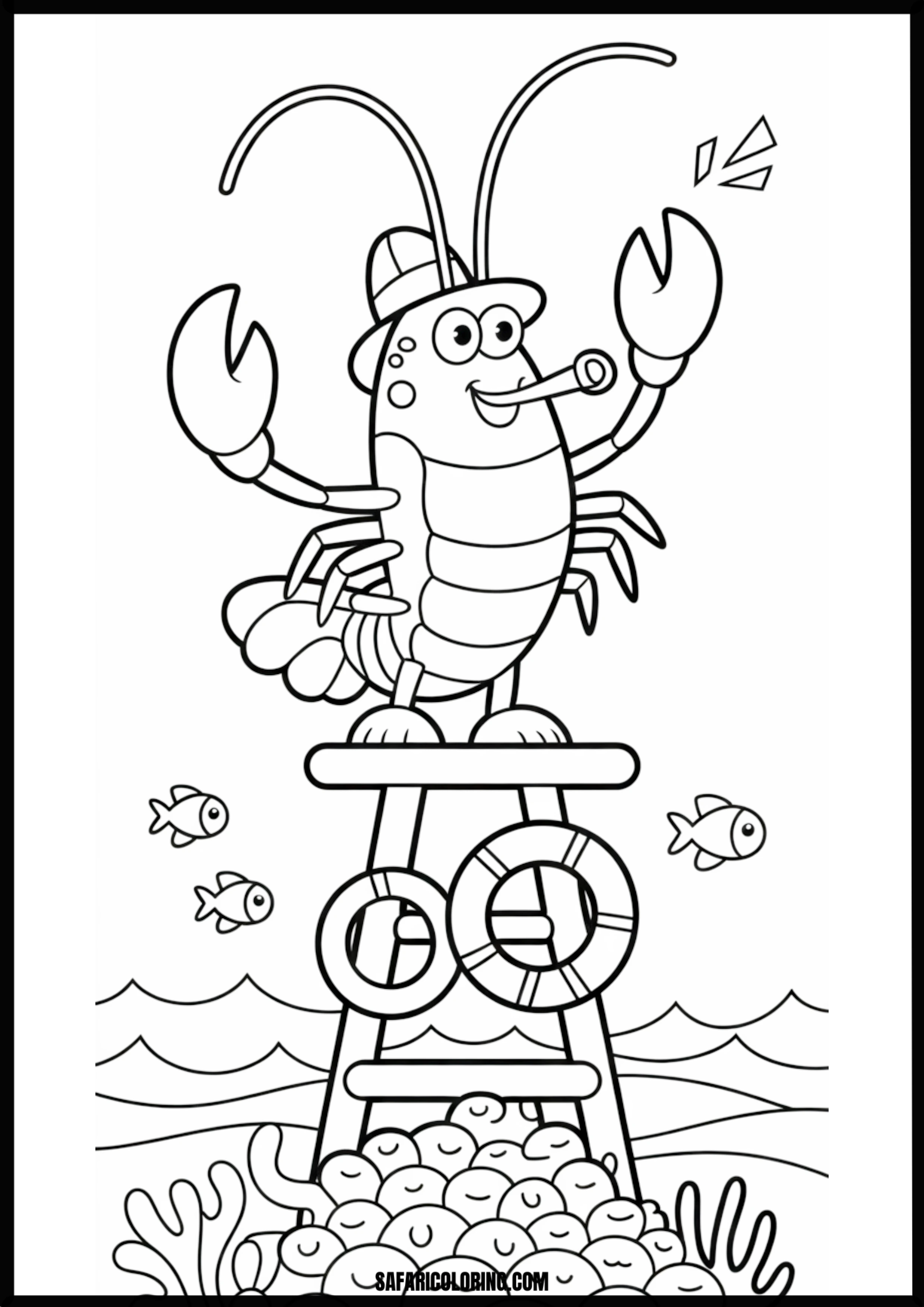 Printable Lobster Lifeguard Coloring Sheet A lobster dressed as a lifeguard.