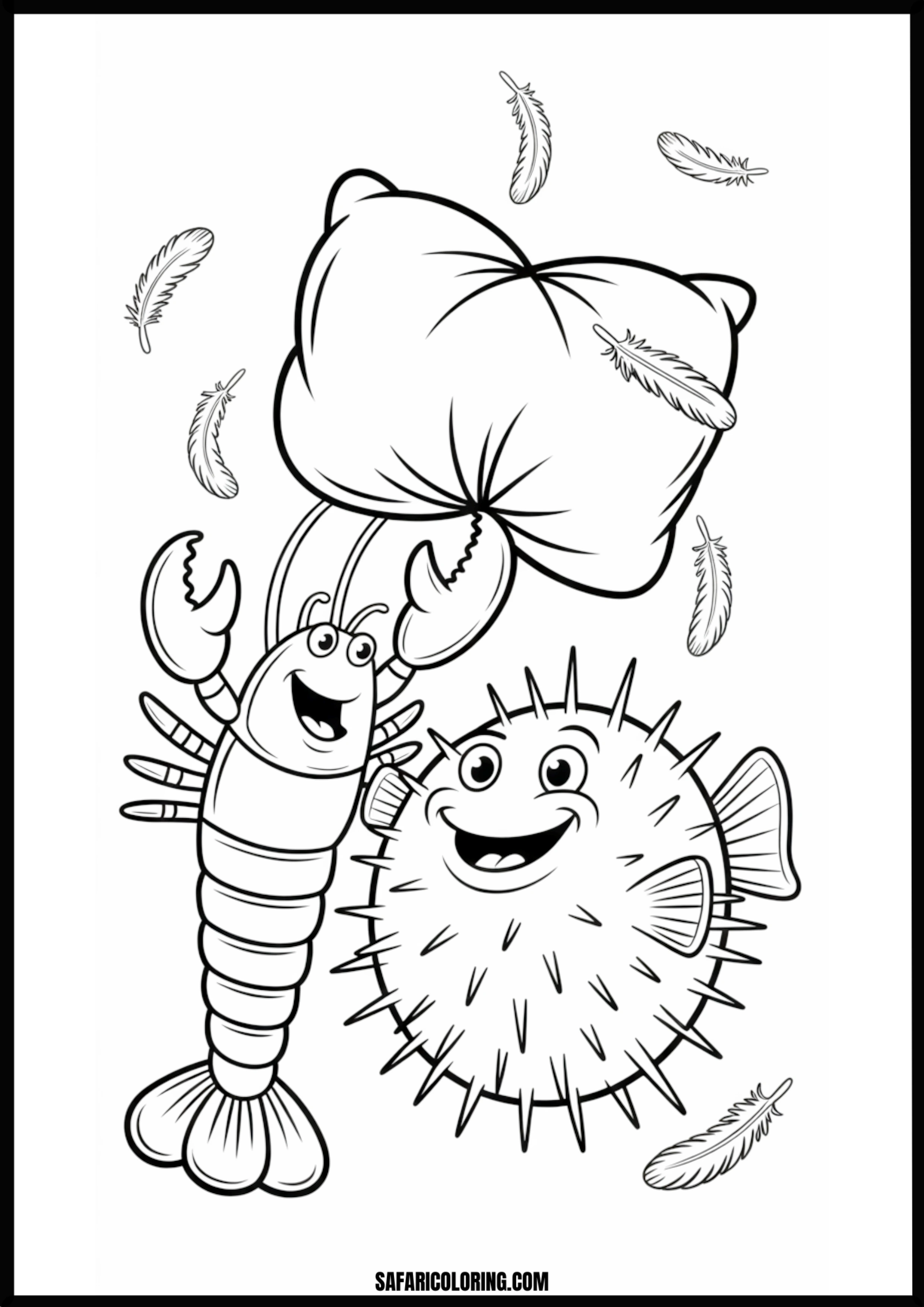 Color the Lobster Pufferfish Feather Pillow Fight A lobster and pufferfish having a feather pillow fight.