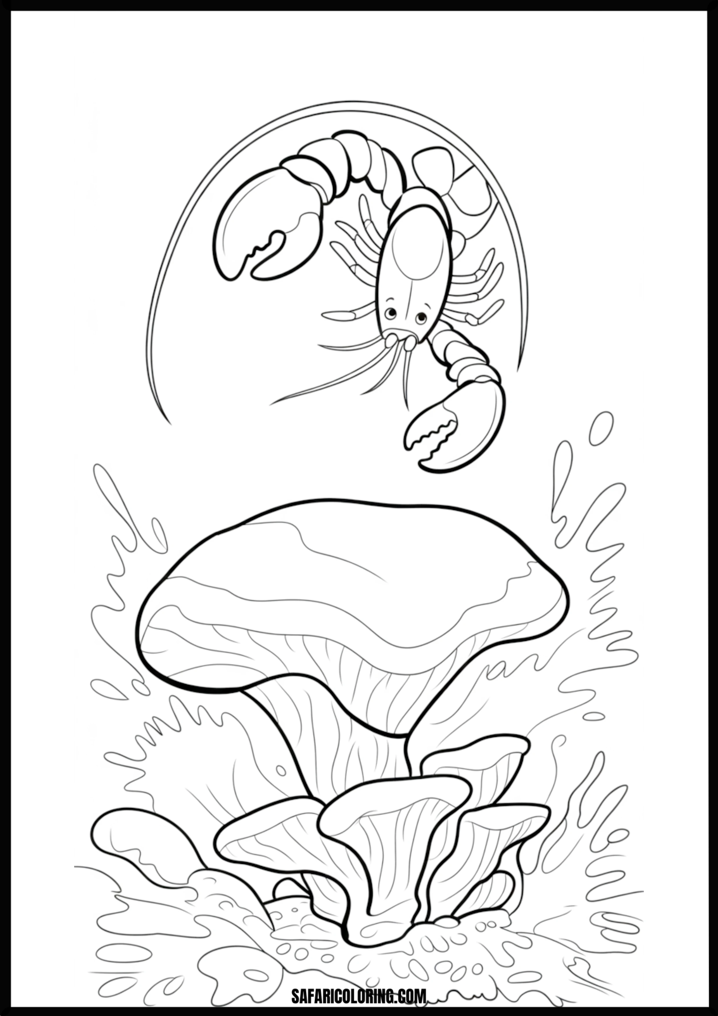 Color the Lobster and Mushrooms with Water Splashes A lobster and mushrooms with water splashes.