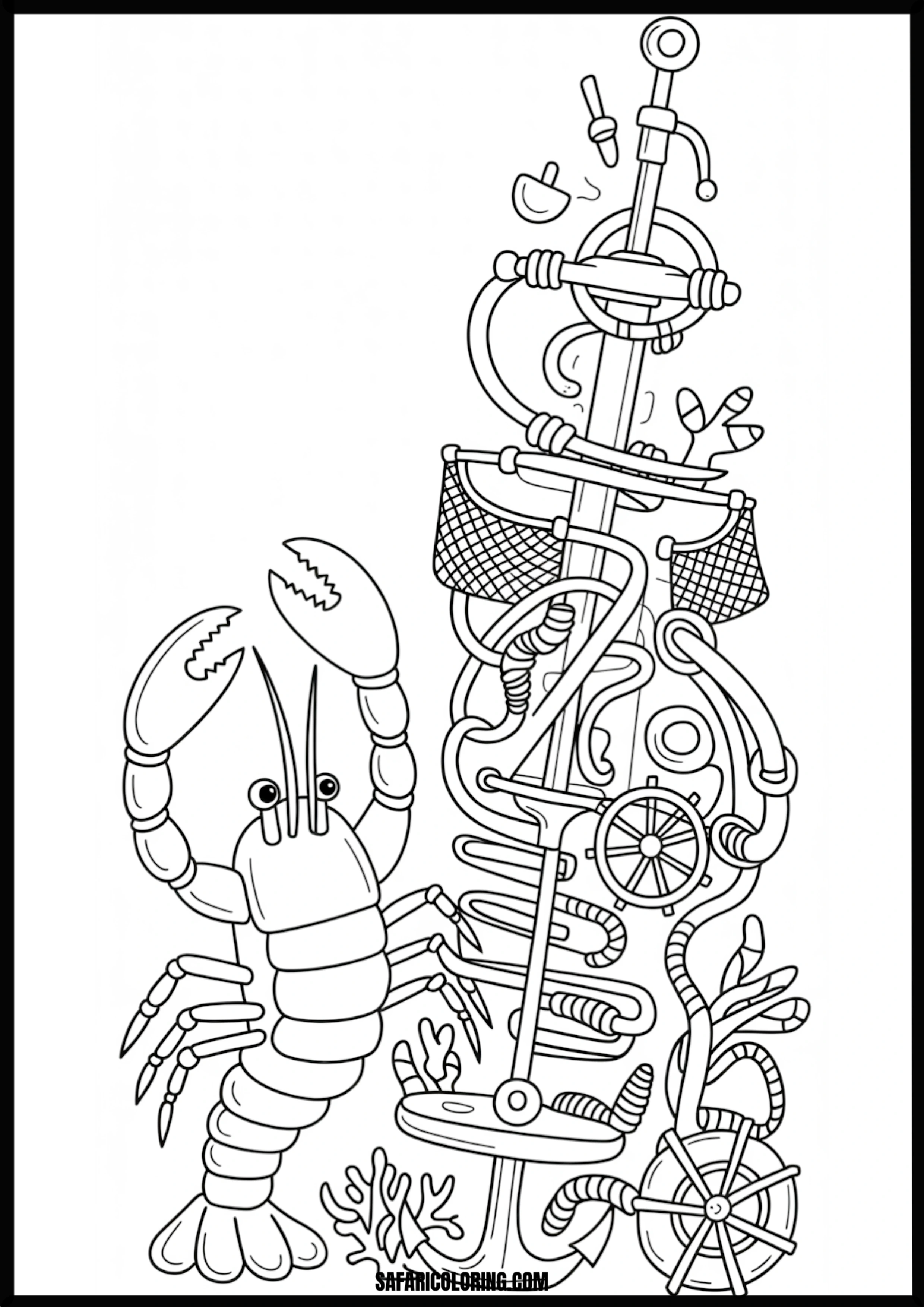 Color the Lobster and Sunken Pirate Gear A lobster exploring sunken pirate gear.