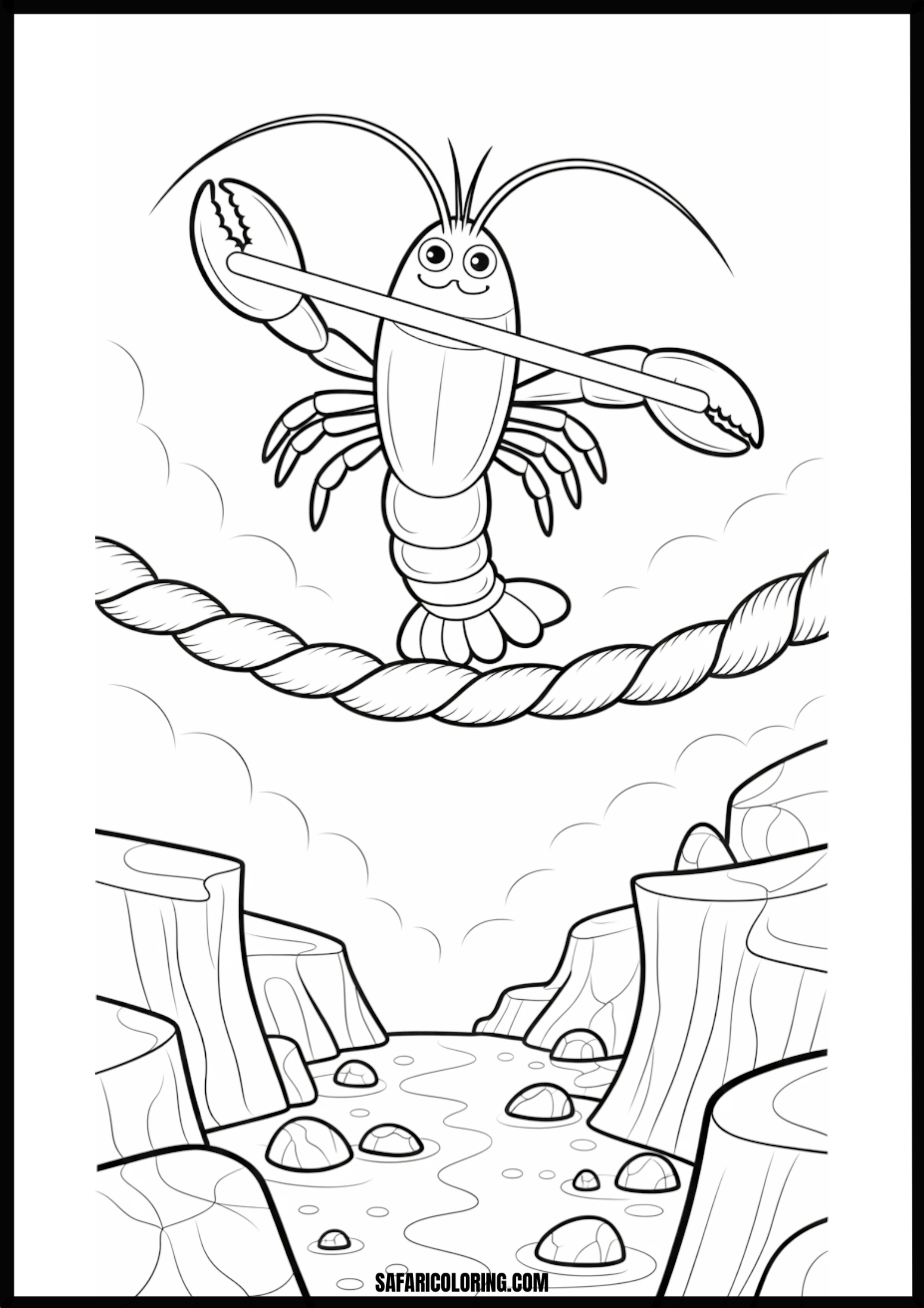 Color the Lobster Balancing on a Rope A lobster balancing on a rope above a river.