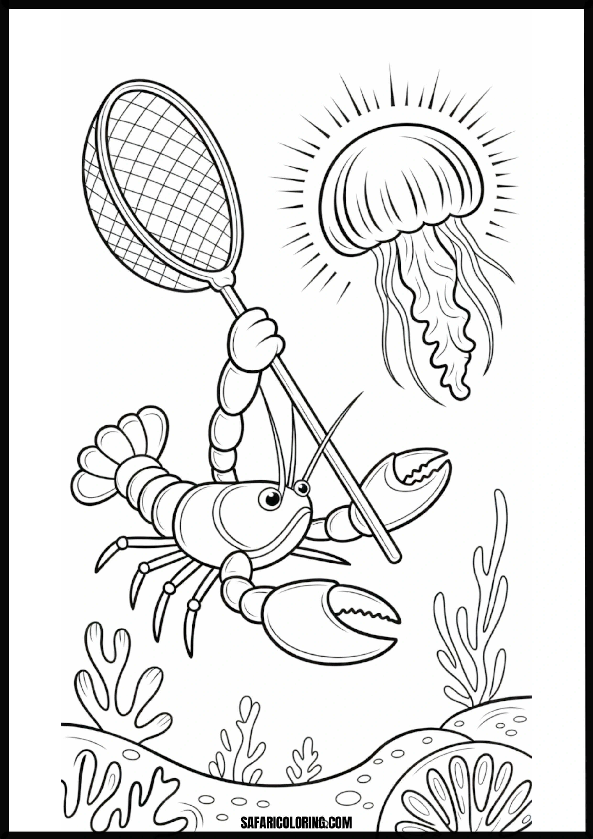 Printable Lobster Catching Jellyfish Coloring Sheet A lobster catching jellyfish.