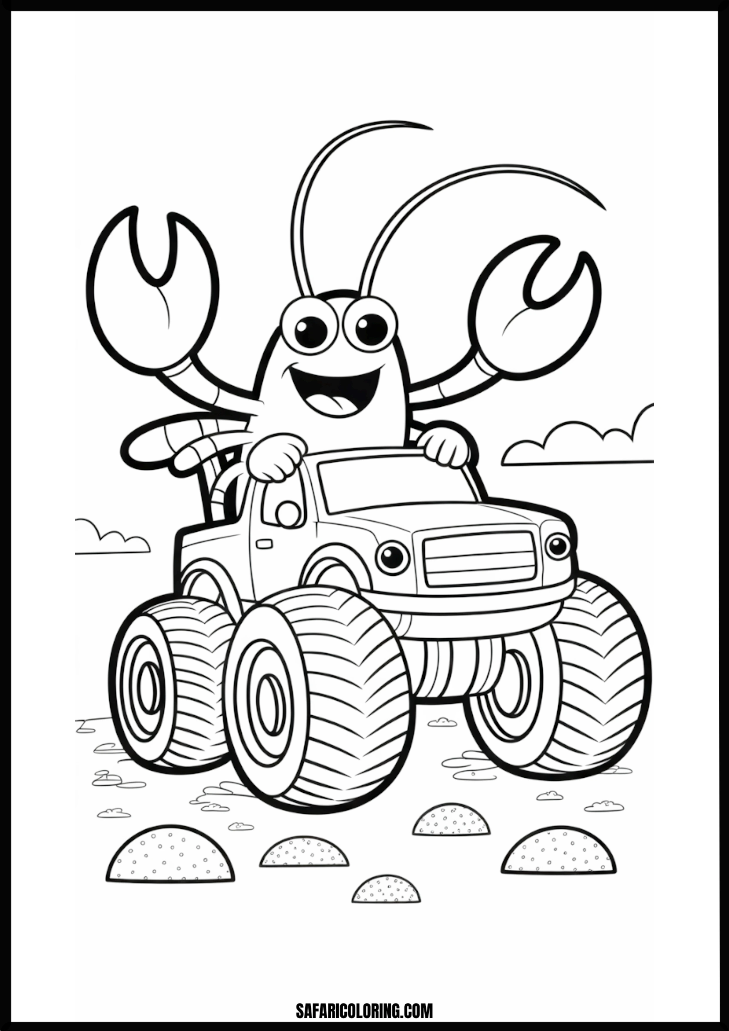 Color the Lobster Driving a Monster Truck A lobster driving a monster truck.