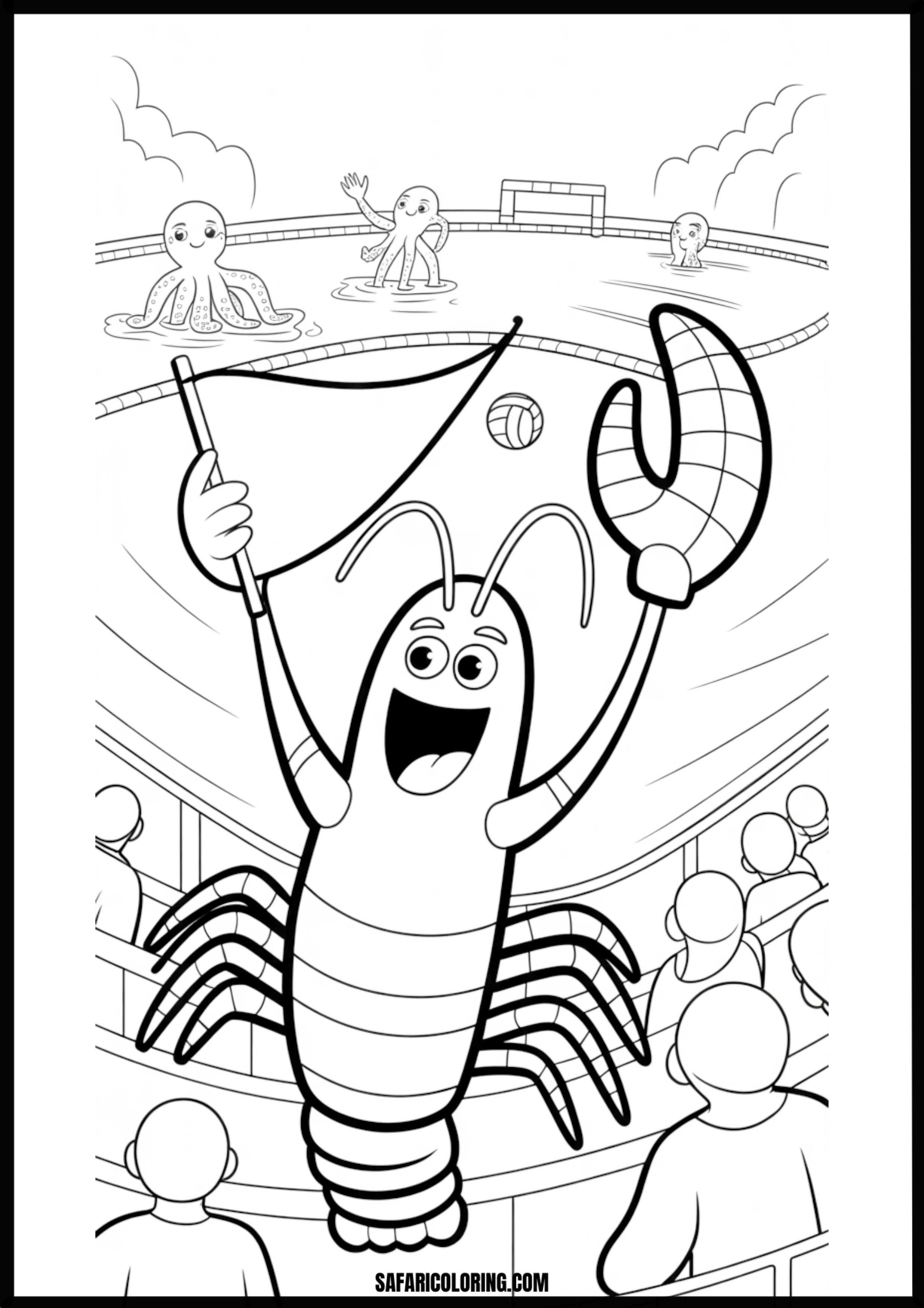 Color the Lobster Mascot and Octopus Volleyball A lobster mascot cheering at octopus water volleyball.