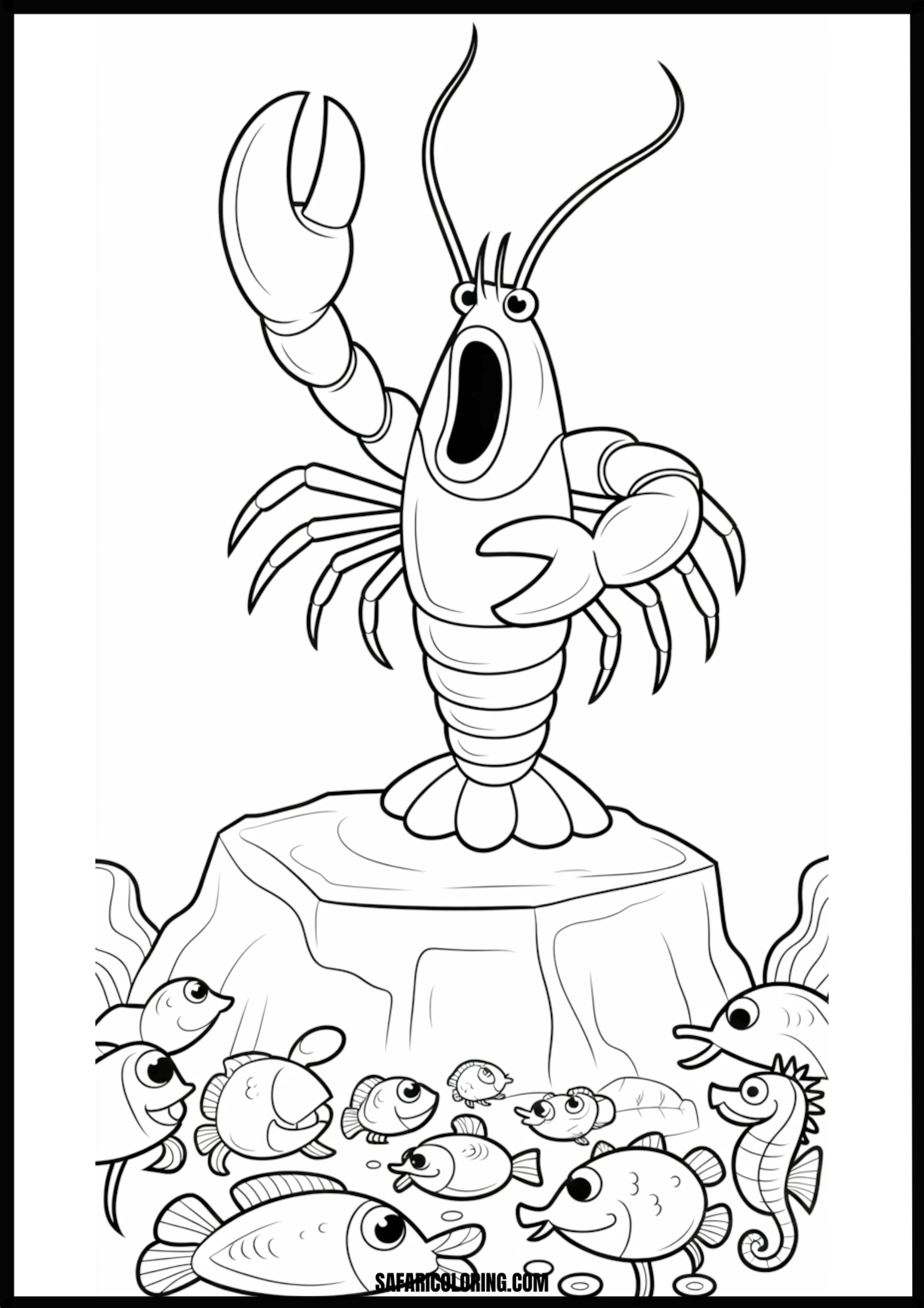Color the Lobster on a Rock with Fish A lobster on a rock surrounded by many fish.